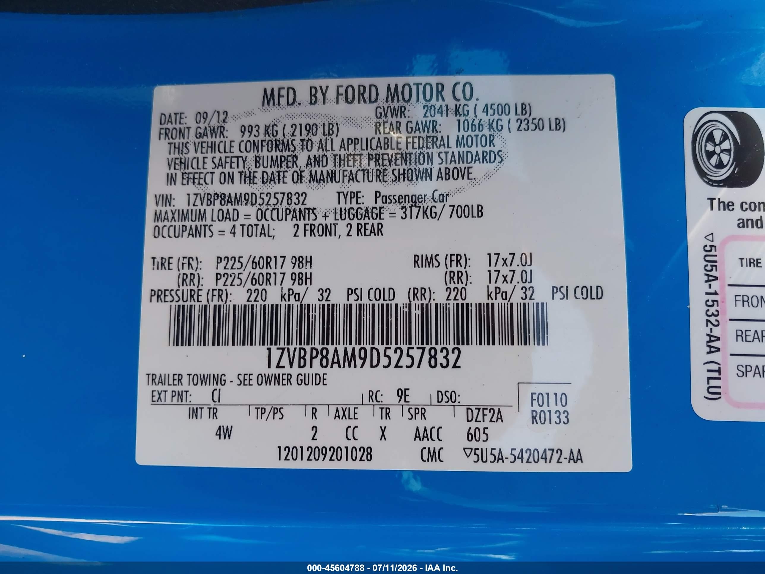 2013 Ford Mustang V6 Premium Blue vin: 1ZVBP8AM9D5257832
