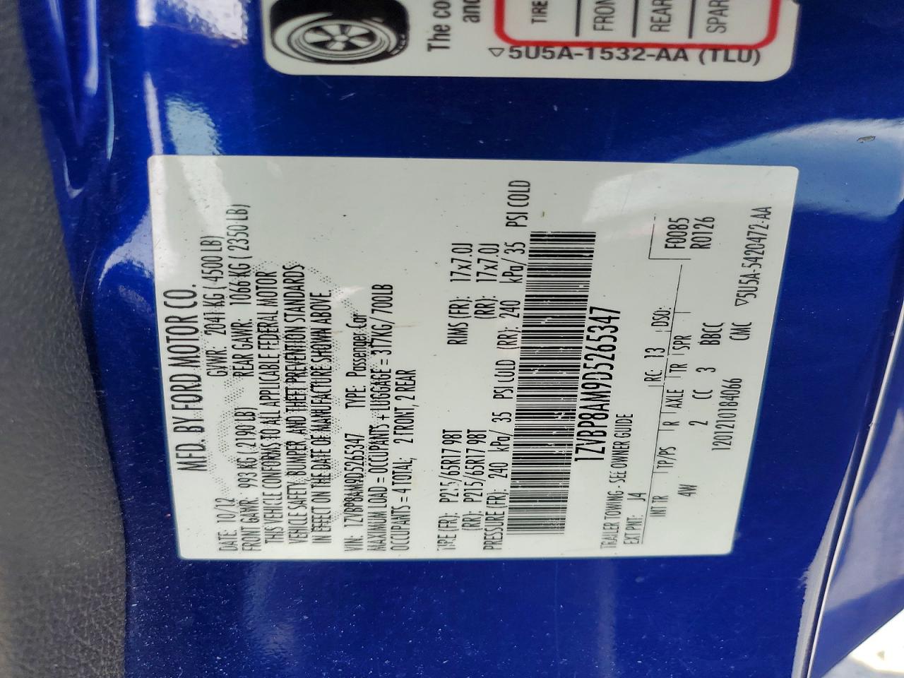 2013 Ford Mustang Blue vin: 1ZVBP8AM9D5265347