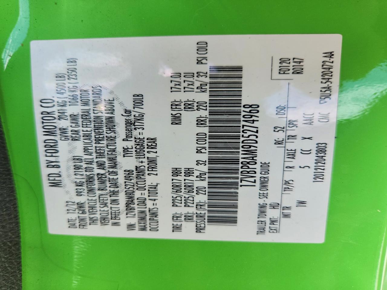2013 Ford Mustang Green vin: 1ZVBP8AM9D5274968