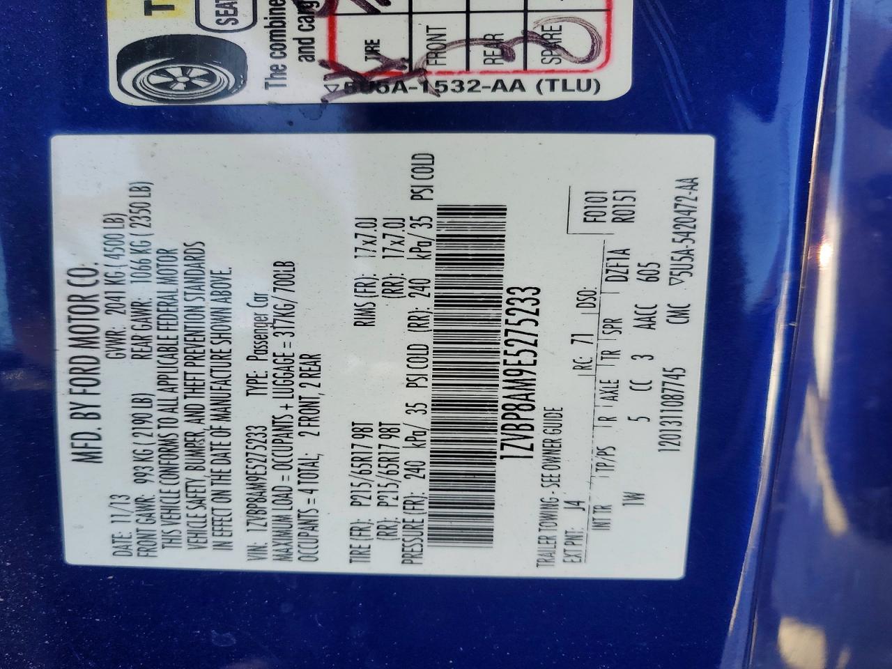 2014 Ford Mustang Blue vin: 1ZVBP8AM9E5275233