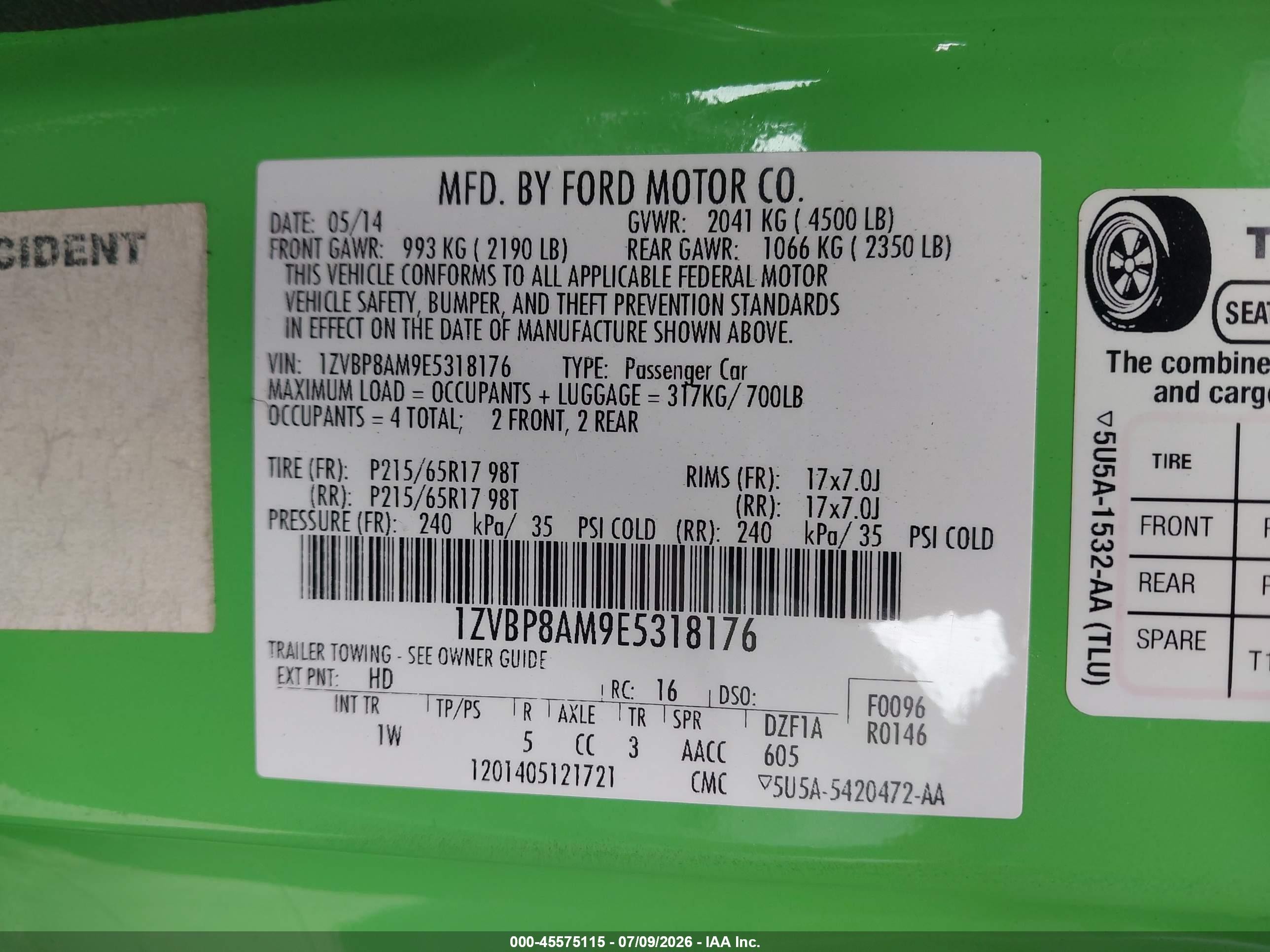 2014 Ford Mustang V6 Green vin: 1ZVBP8AM9E5318176