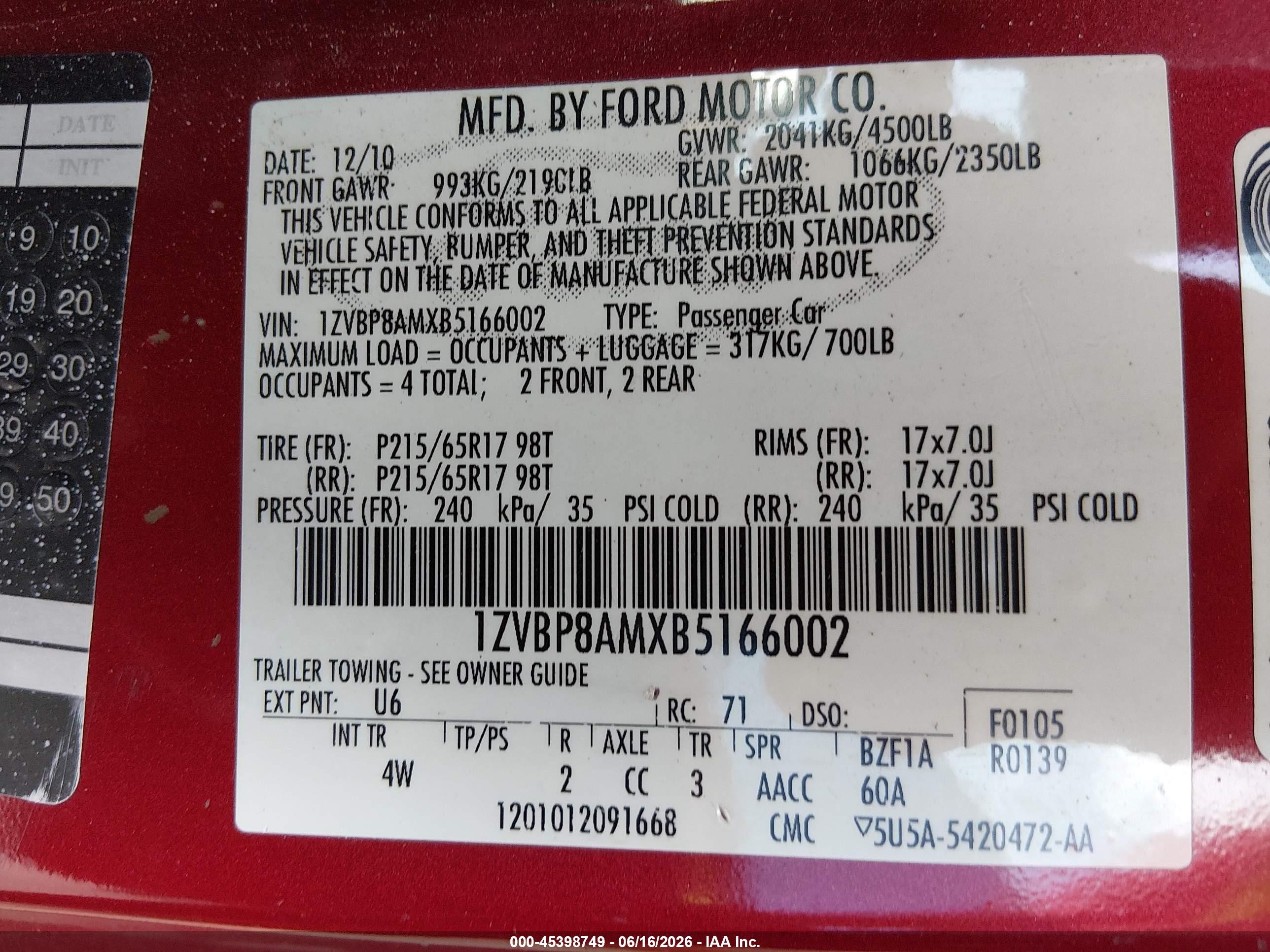 2011 Ford Mustang V6 Premium Red vin: 1ZVBP8AMXB5166002