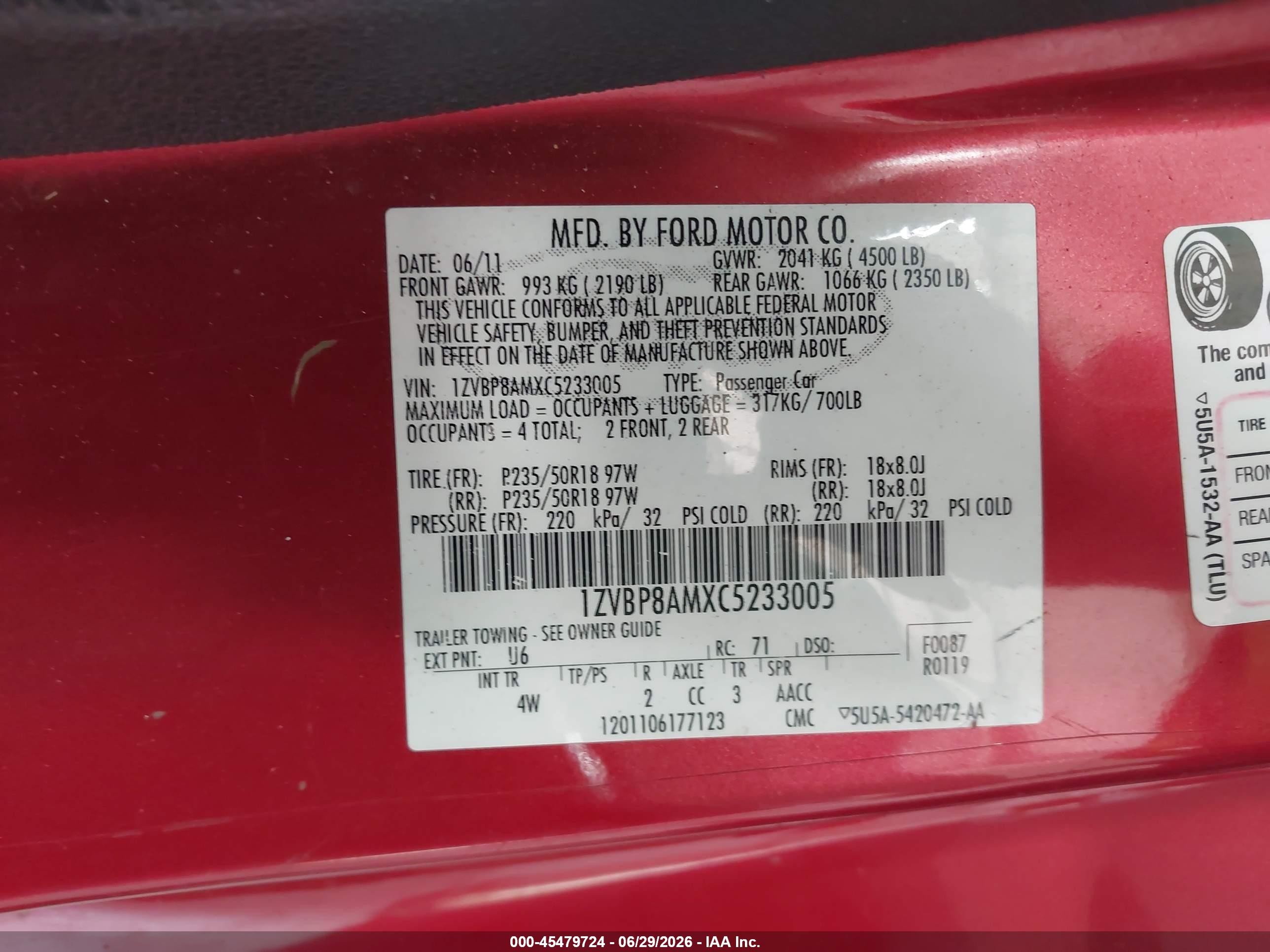2012 Ford Mustang V6/v6 Premium White vin: 1ZVBP8AMXC5233005