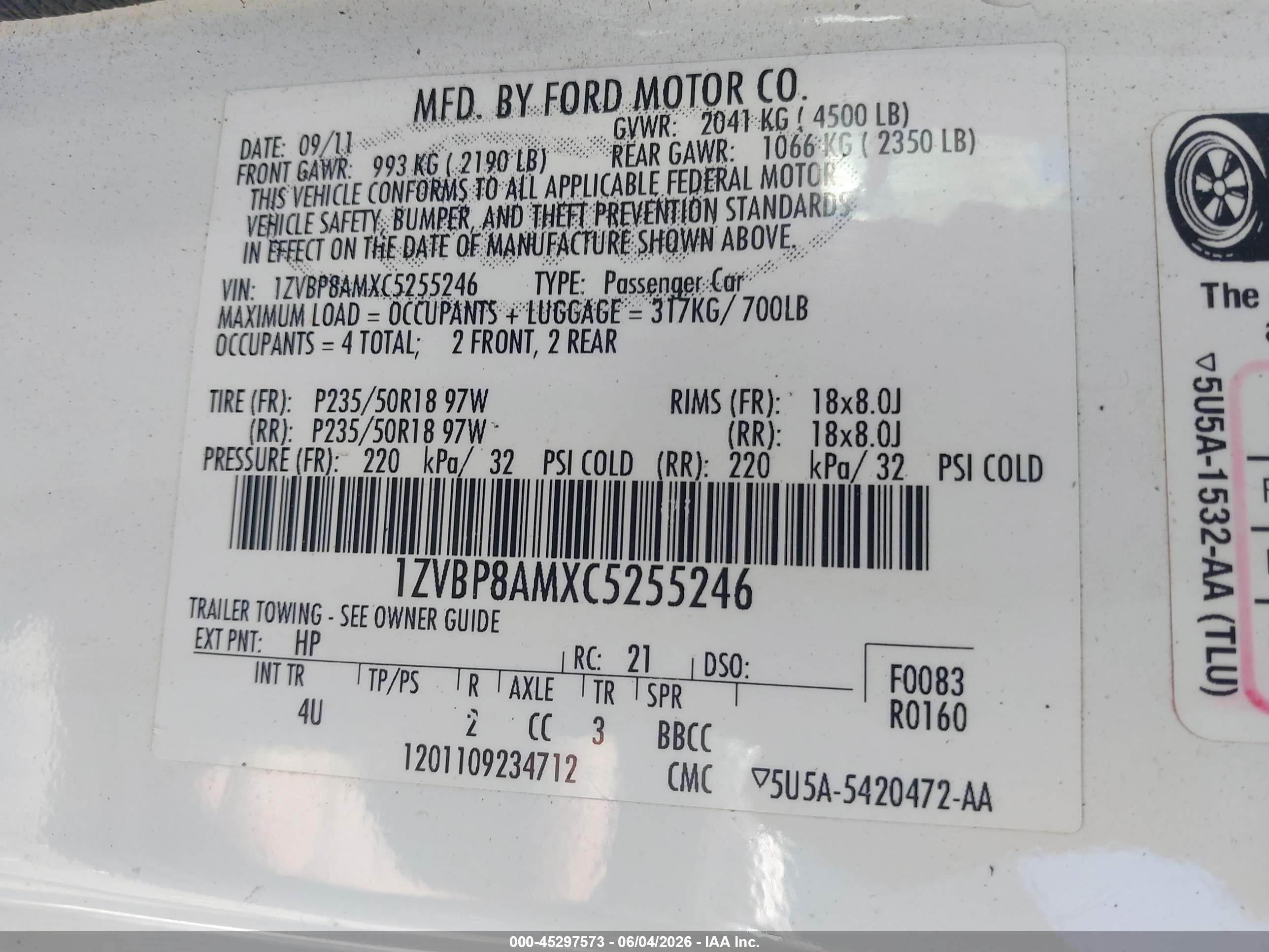 2012 Ford Mustang V6 Premium White vin: 1ZVBP8AMXC5255246