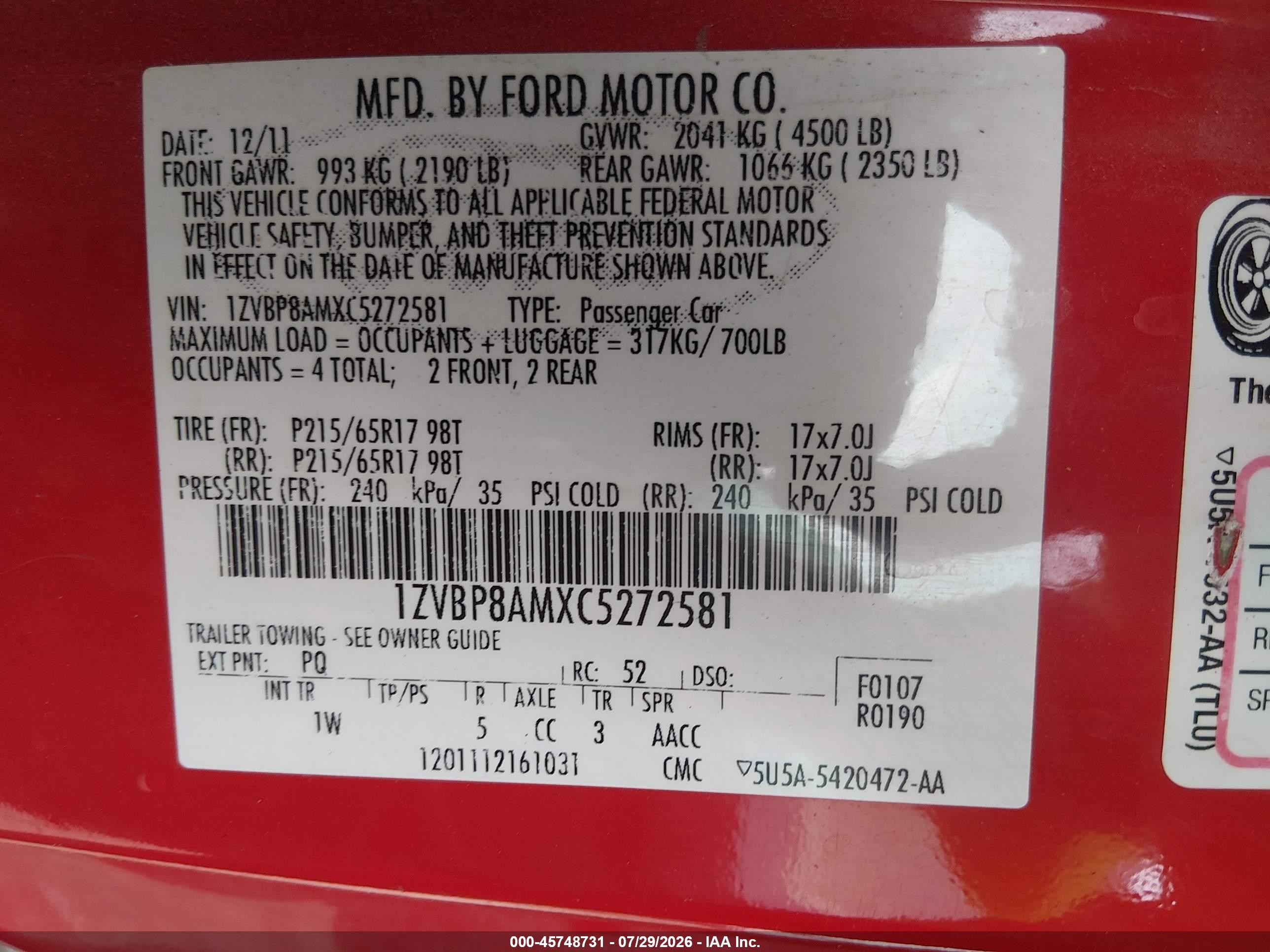 2012 Ford Mustang V6 Red vin: 1ZVBP8AMXC5272581