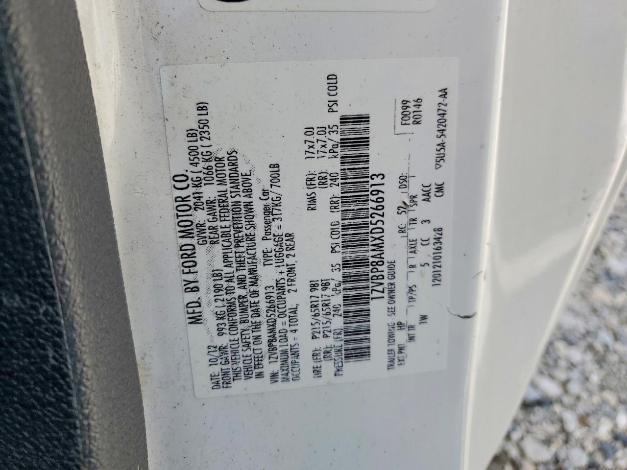 2013 Ford Mustang White vin: 1ZVBP8AMXD5266913
