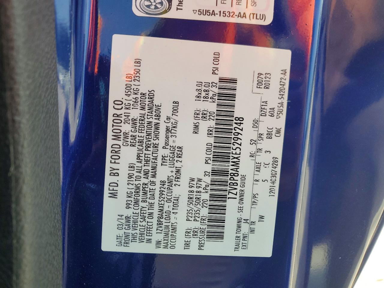 2014 Ford Mustang Blue vin: 1ZVBP8AMXE5299248