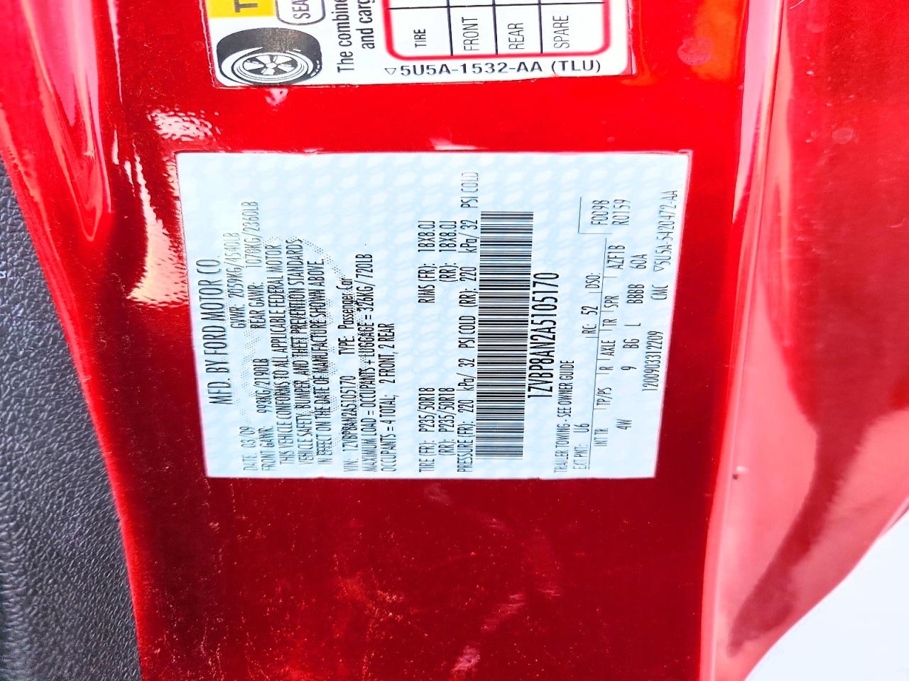 2010 Ford Mustang Red vin: 1ZVBP8AN2A5105170