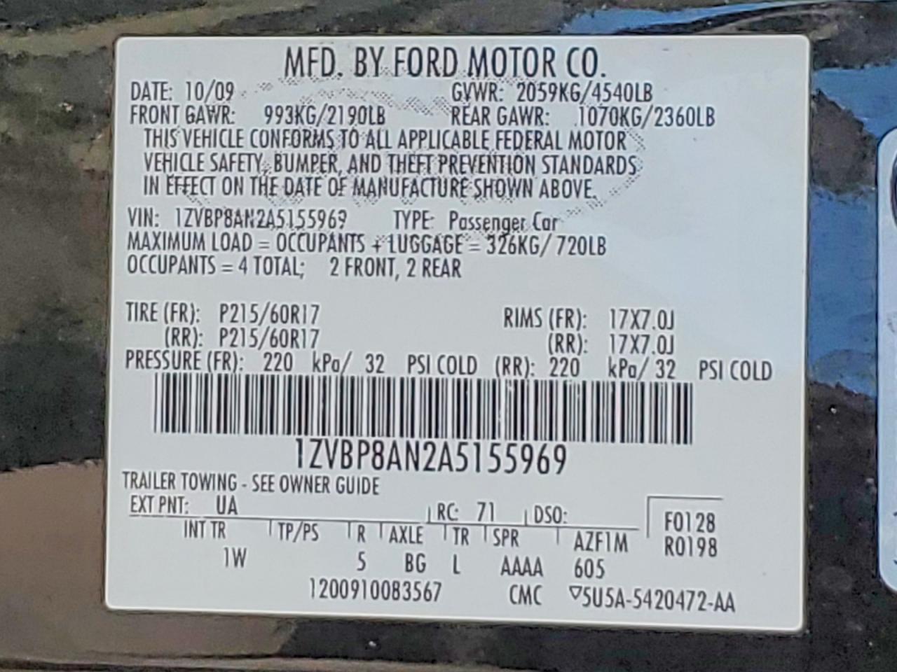 2010 Ford Mustang Black vin: 1ZVBP8AN2A5155969