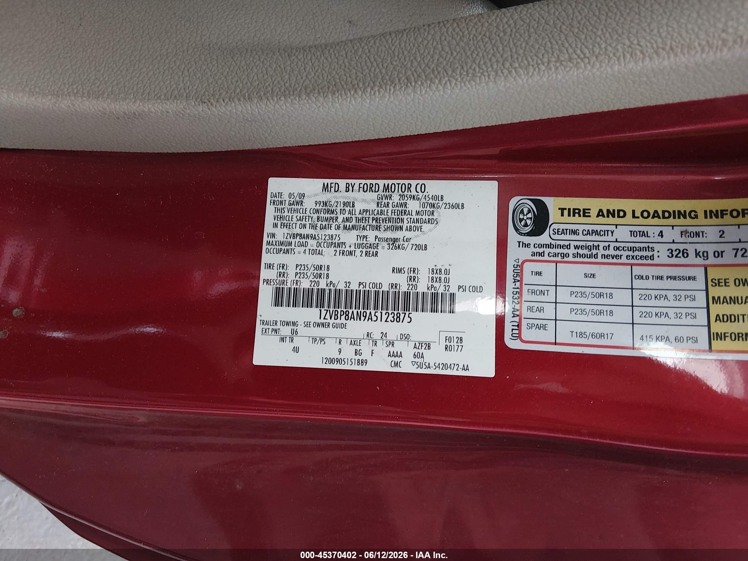 2010 Ford Mustang V6/v6 Premium Red vin: 1ZVBP8AN9A5123875