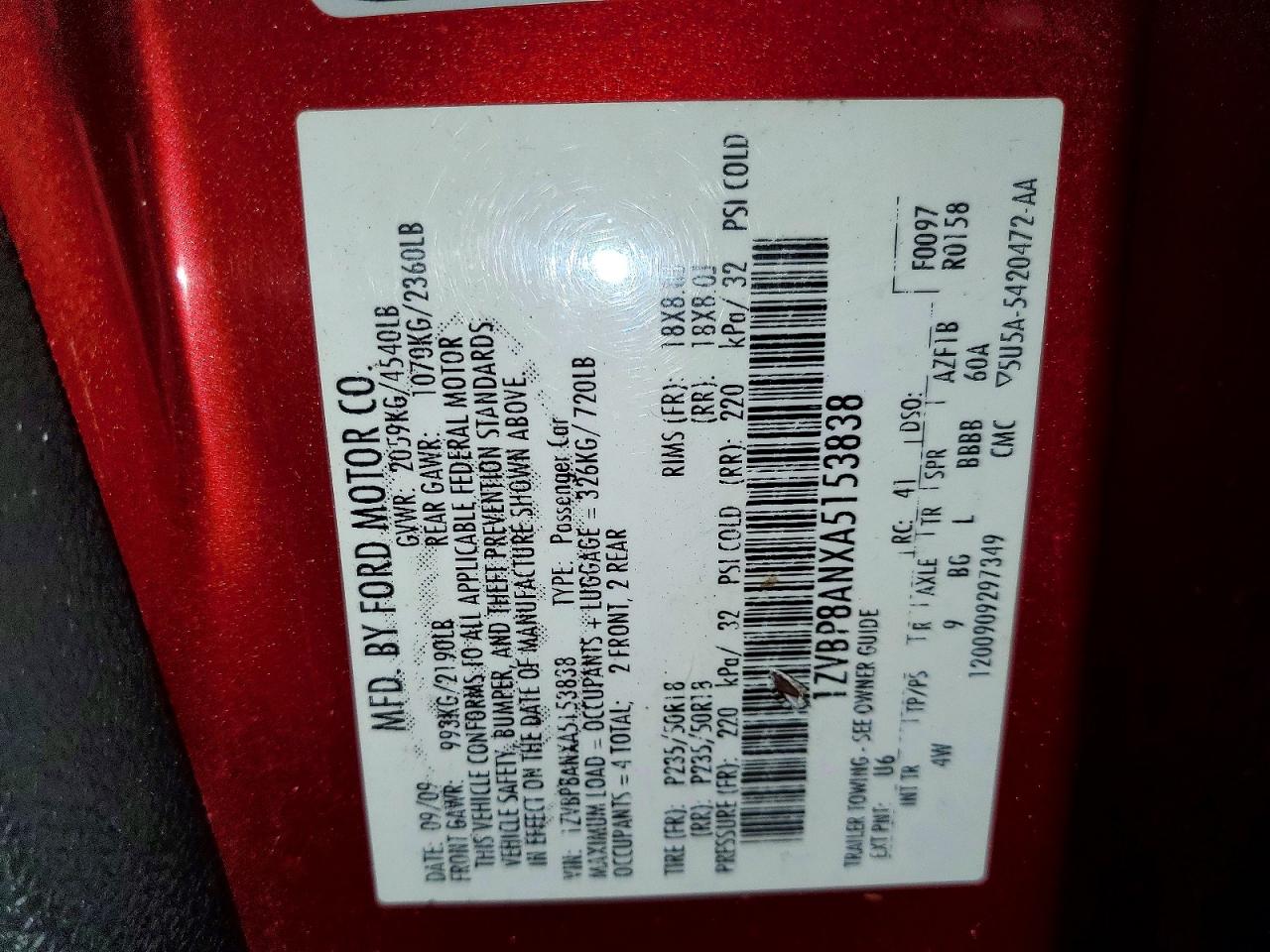 2010 Ford Mustang Burgundy vin: 1ZVBP8ANXA5153838