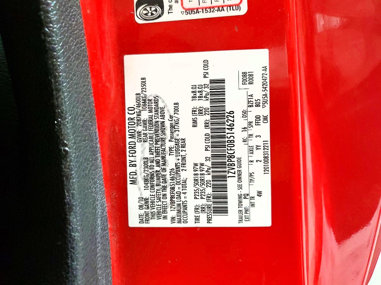 2011 Ford Mustang Gt Red vin: 1ZVBP8CF0B5146226
