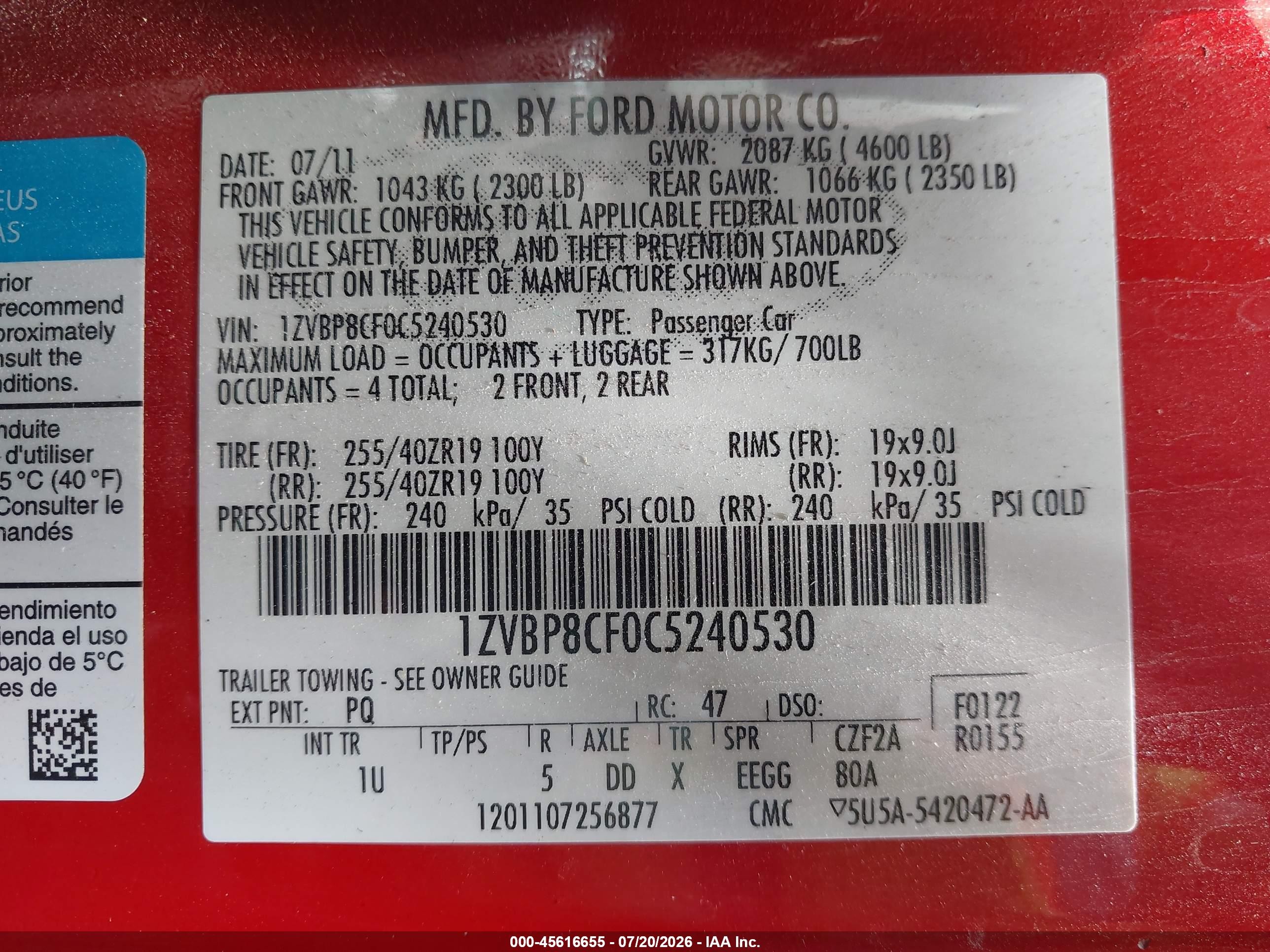 2012 Ford Mustang Gt Red vin: 1ZVBP8CF0C5240530