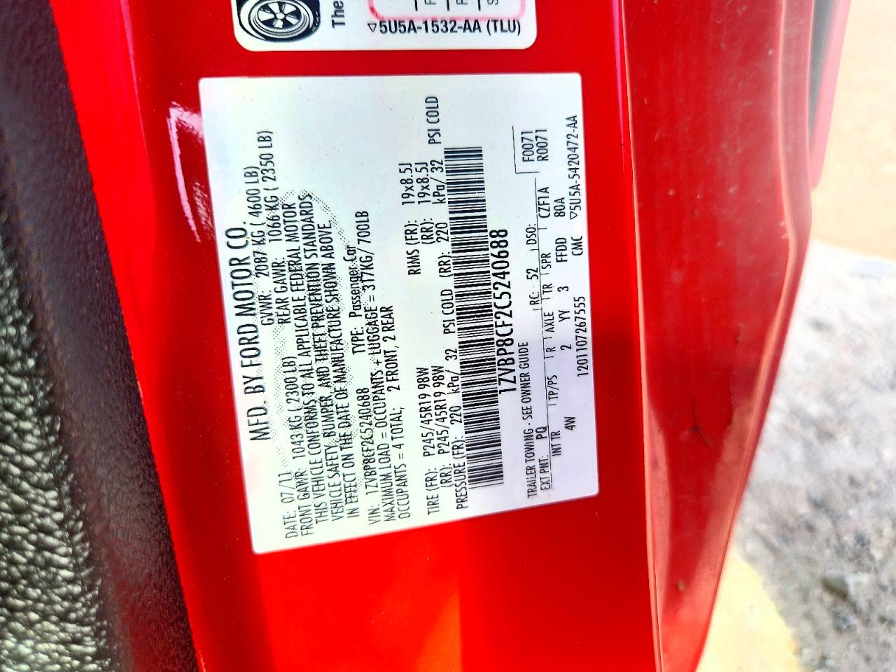 2012 Ford Mustang Gt Red vin: 1ZVBP8CF2C5240688