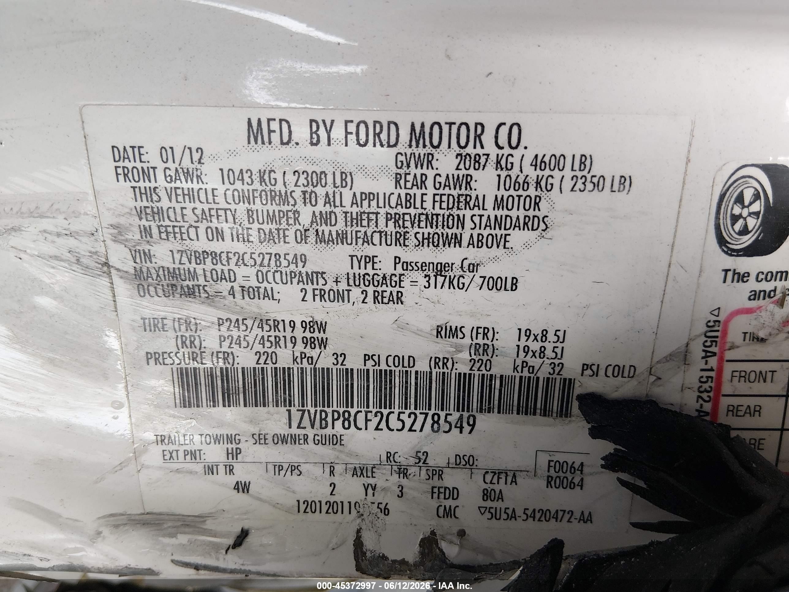 2012 Ford Mustang Gt Premium White vin: 1ZVBP8CF2C5278549