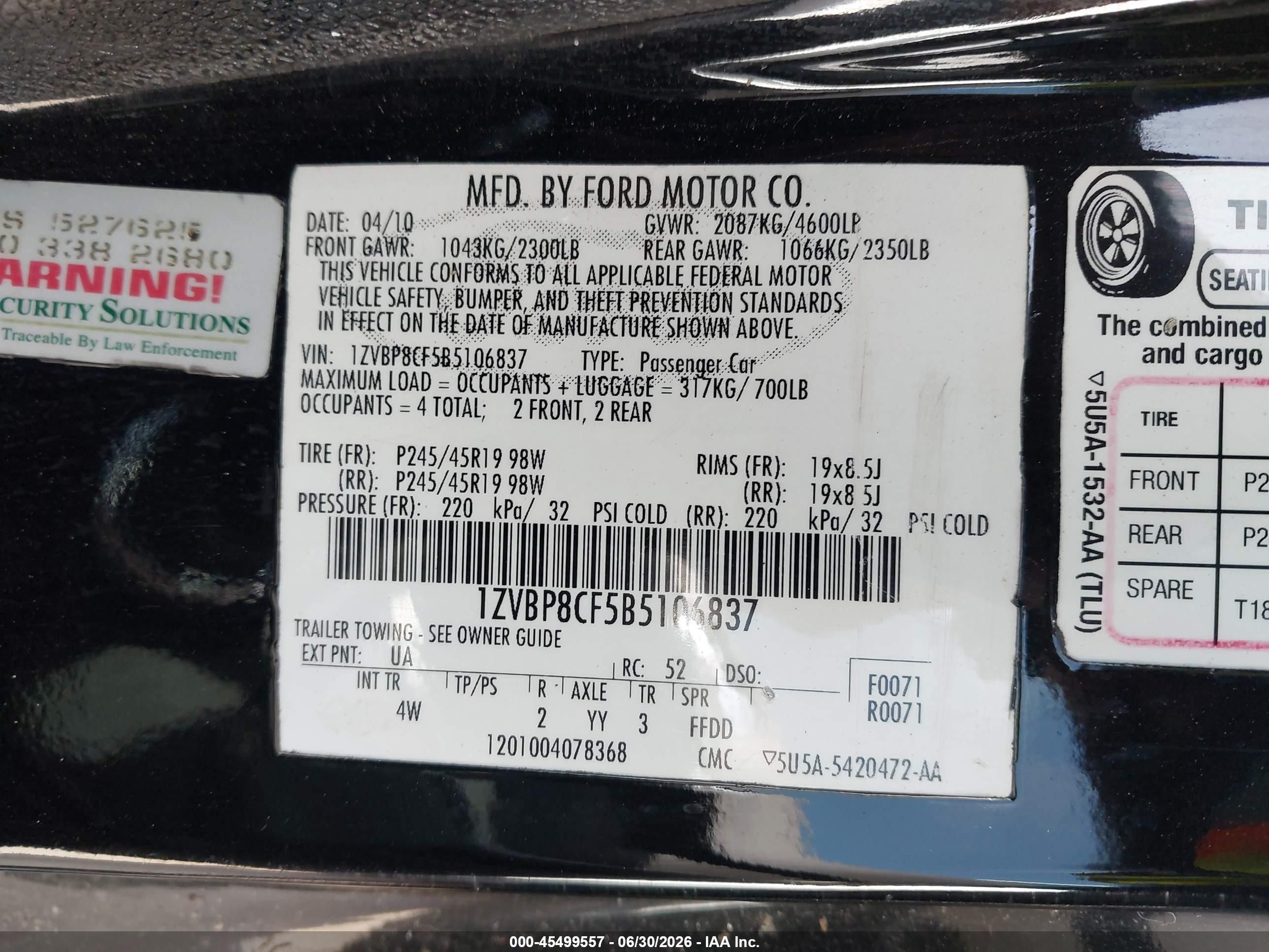2011 Ford Mustang Gt/gt Premium Black vin: 1ZVBP8CF5B5106837