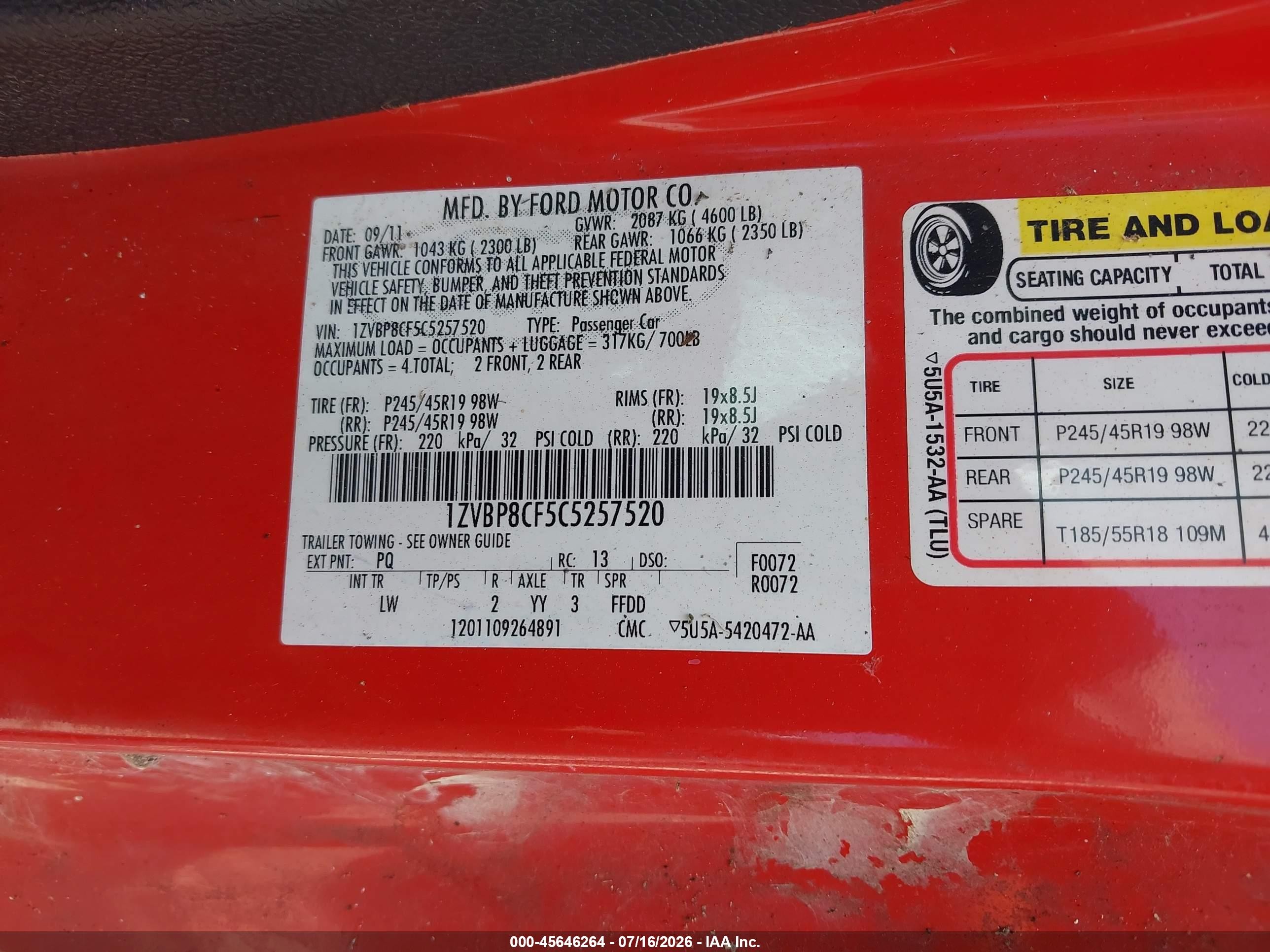 2012 Ford Mustang Gt Premium Red vin: 1ZVBP8CF5C5257520