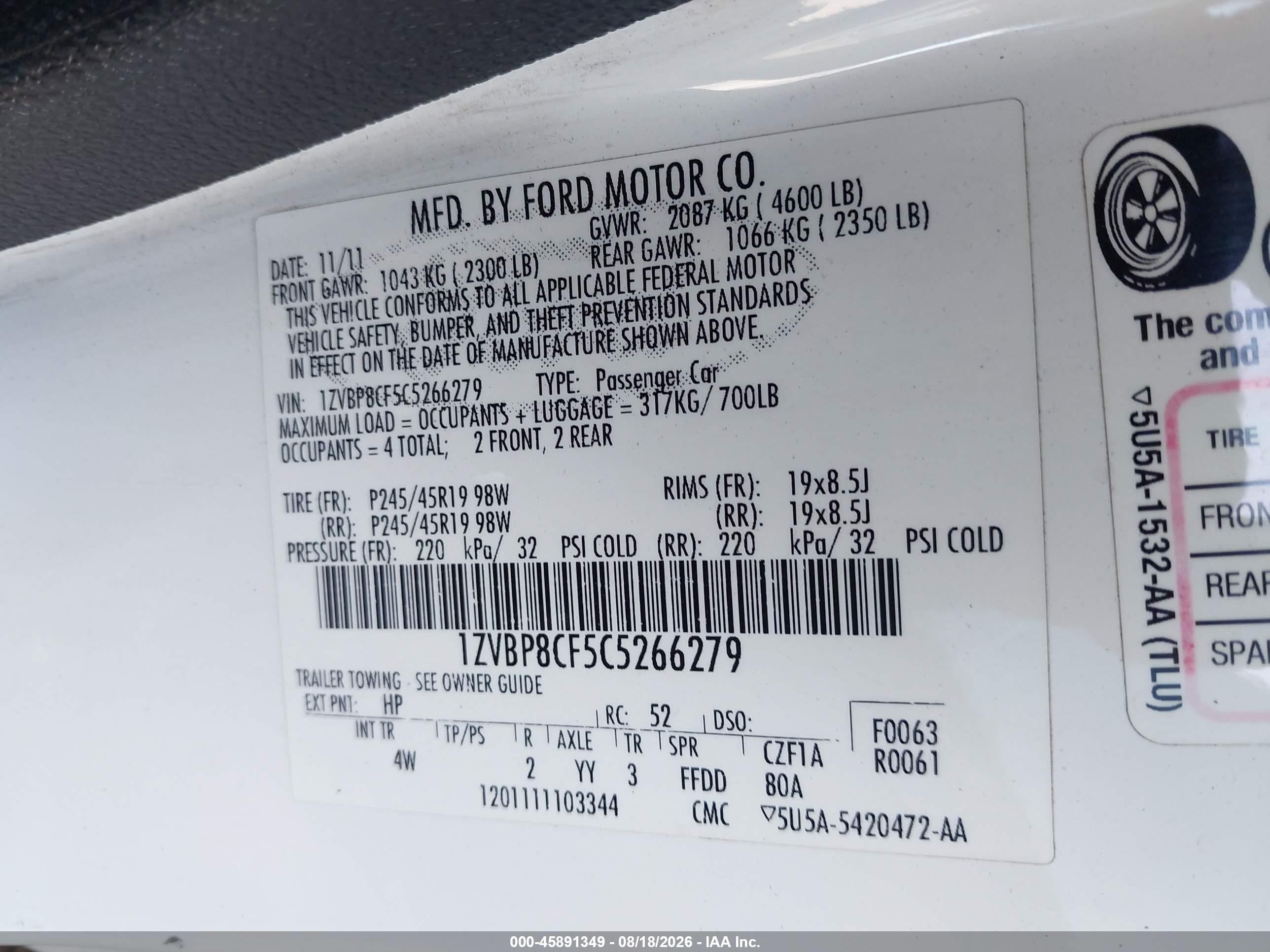 2012 Ford Mustang Gt White vin: 1ZVBP8CF5C5266279
