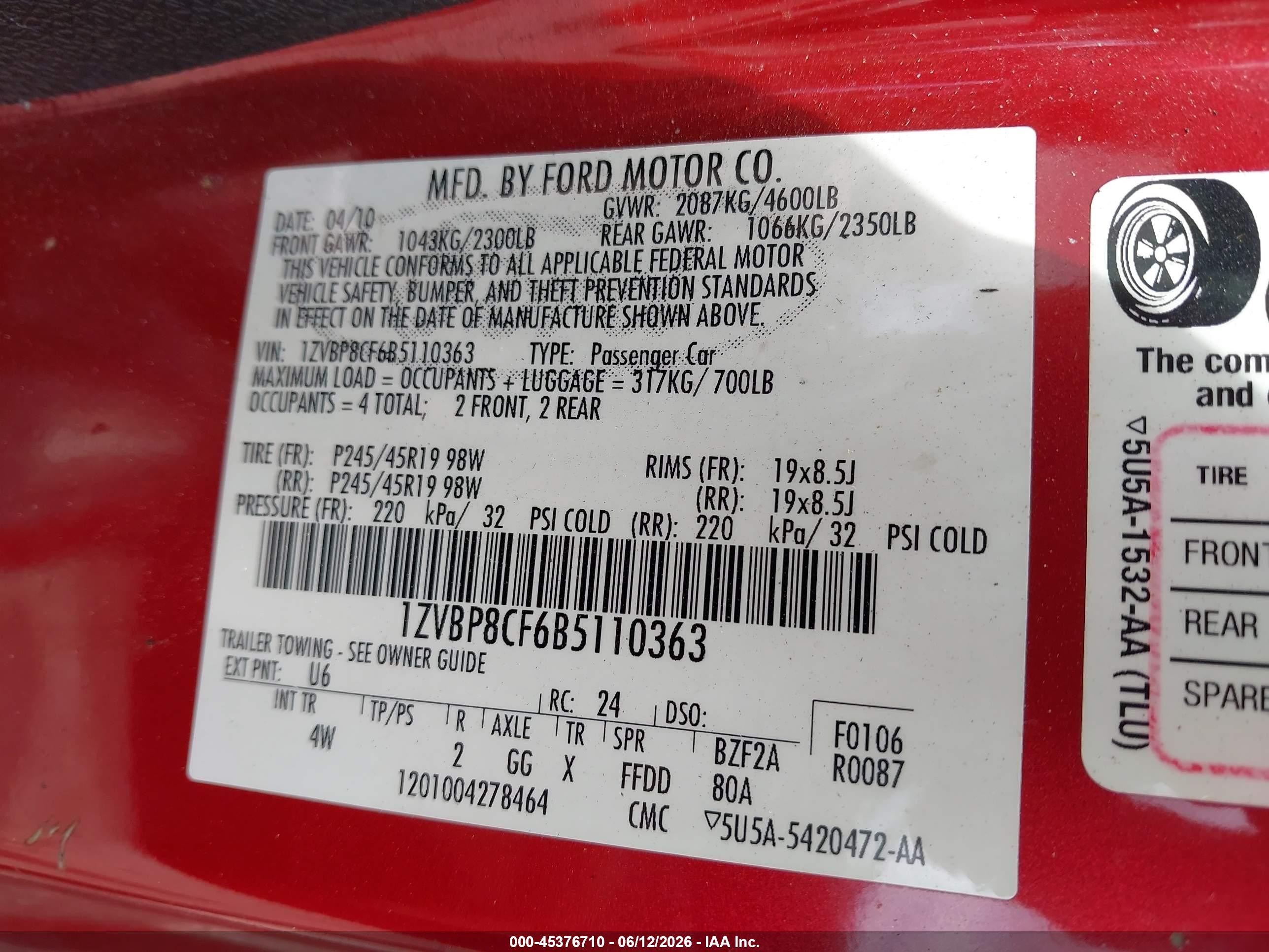 2011 Ford Mustang Gt Premium Red vin: 1ZVBP8CF6B5110363