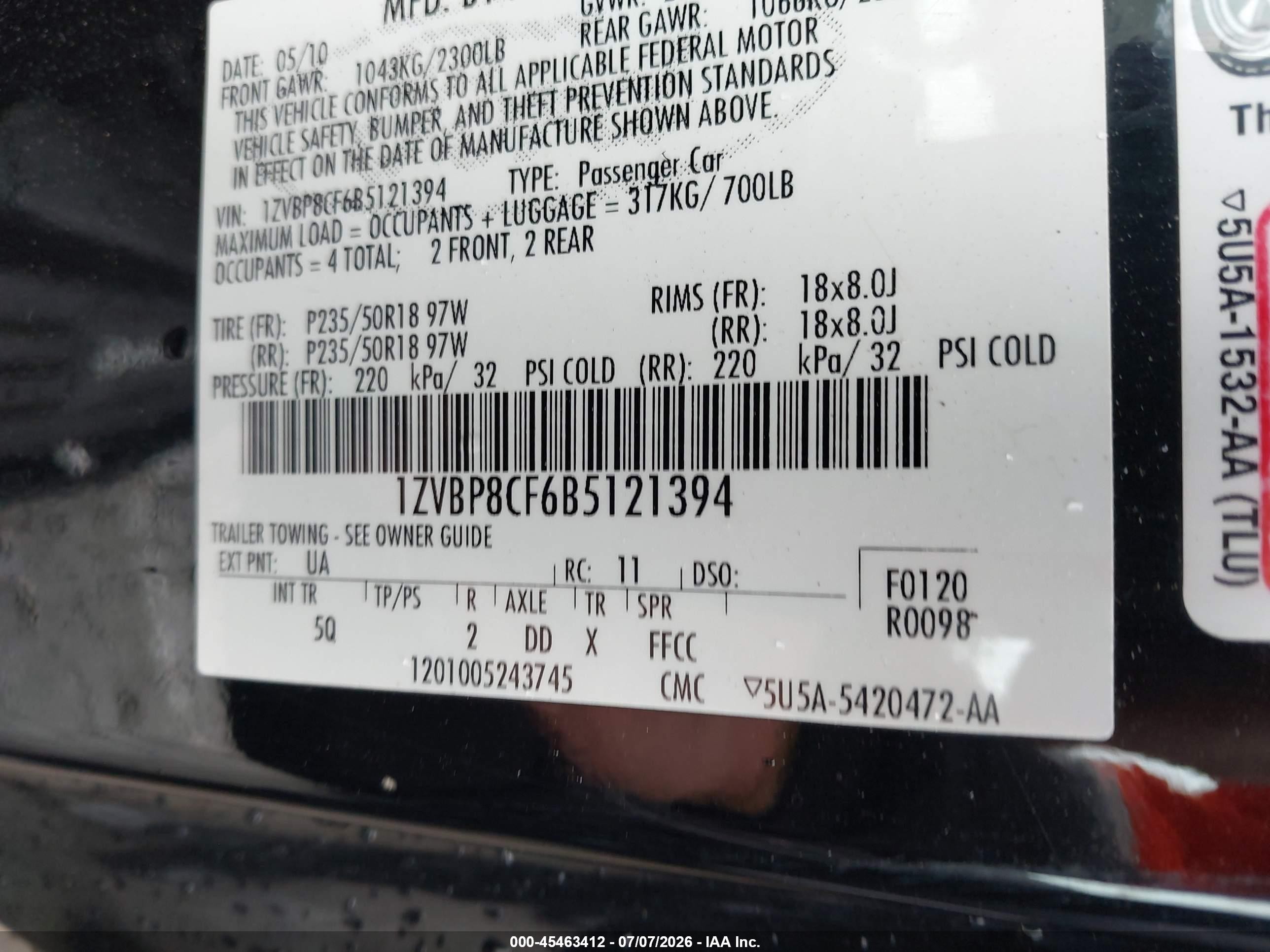 2011 Ford Mustang Gt/gt Premium Black vin: 1ZVBP8CF6B5121394