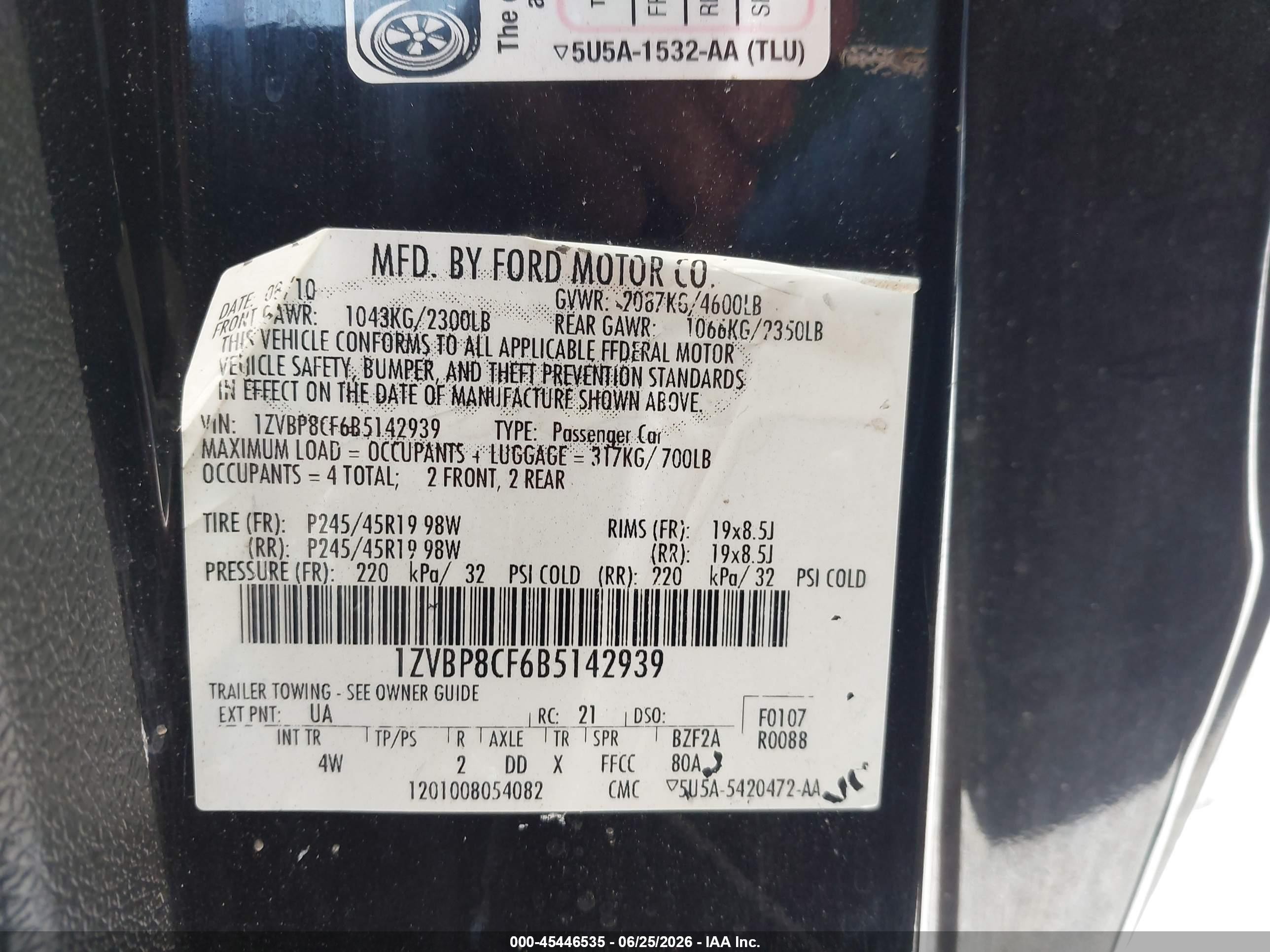 2011 Ford Mustang Gt/gt Premium Black vin: 1ZVBP8CF6B5142939