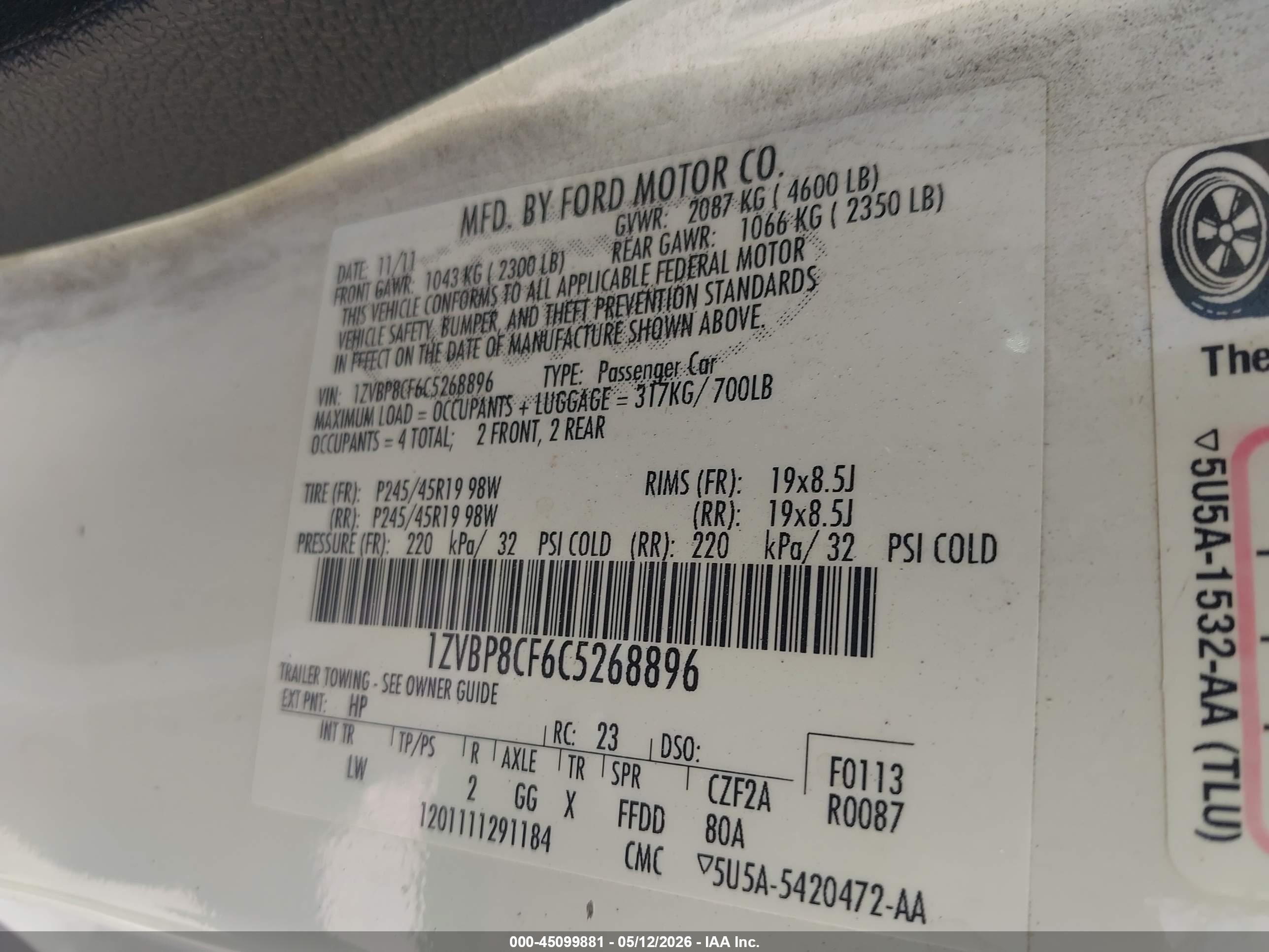 2012 Ford Mustang Gt Premium White vin: 1ZVBP8CF6C5268896