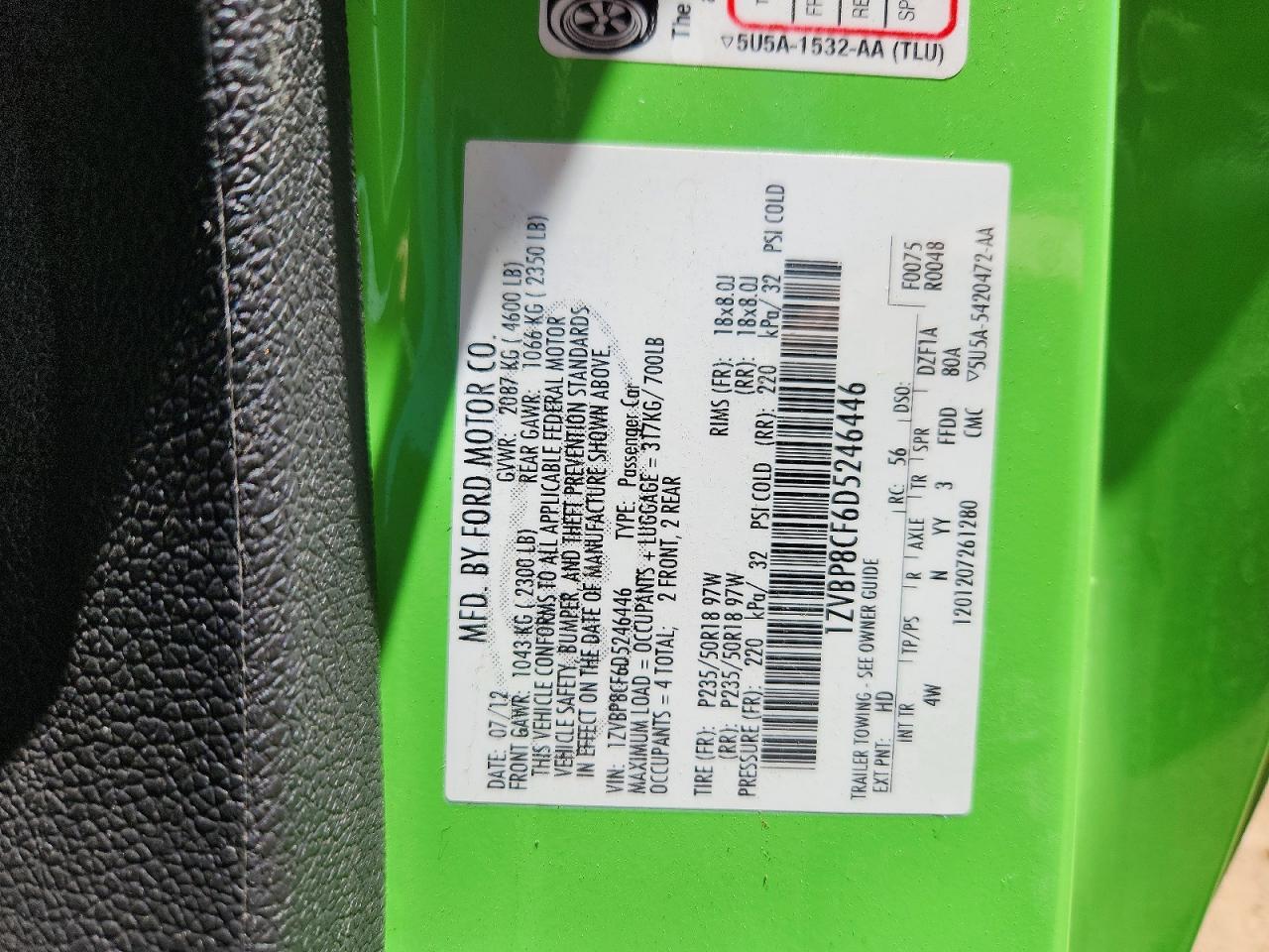 2013 Ford Mustang Gt Green vin: 1ZVBP8CF6D5246446