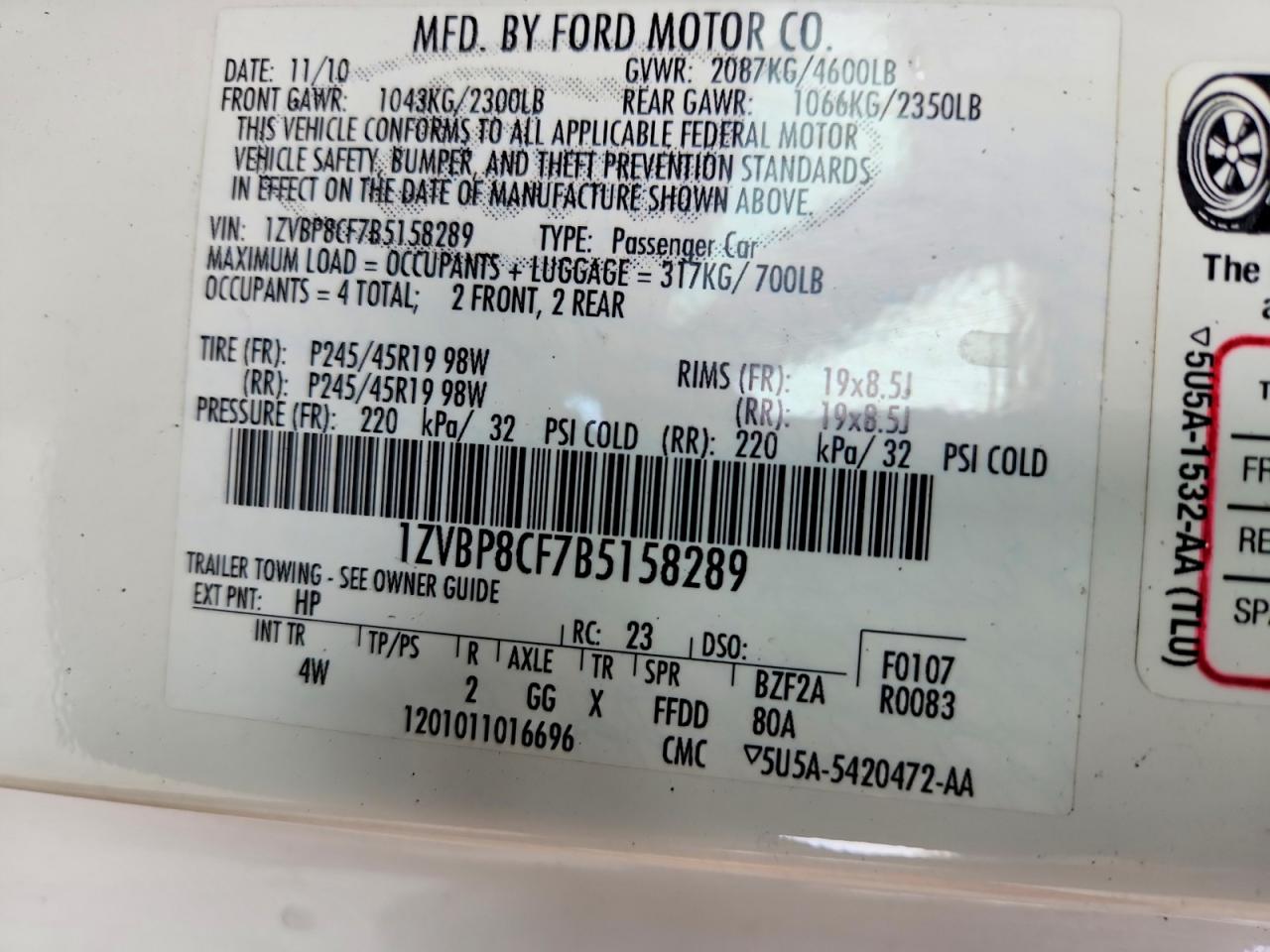 2011 Ford Mustang Gt White vin: 1ZVBP8CF7B5158289
