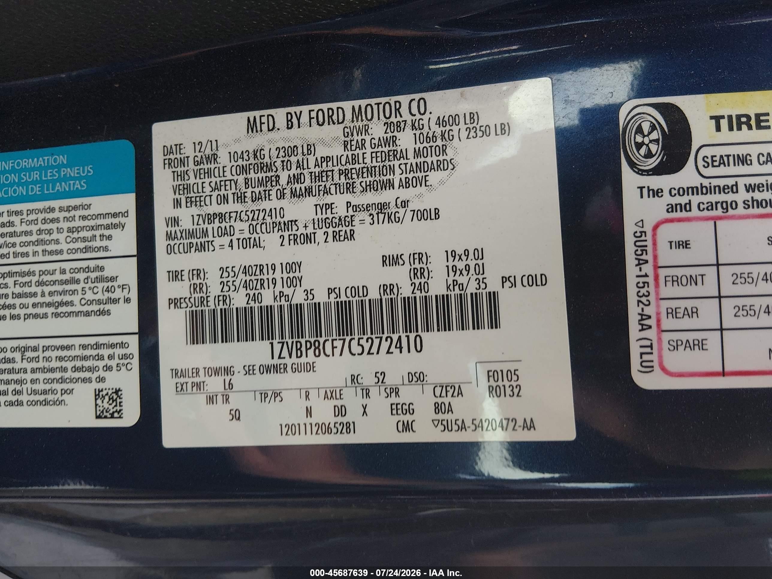 2012 Ford Mustang Gt Premium Blue vin: 1ZVBP8CF7C5272410