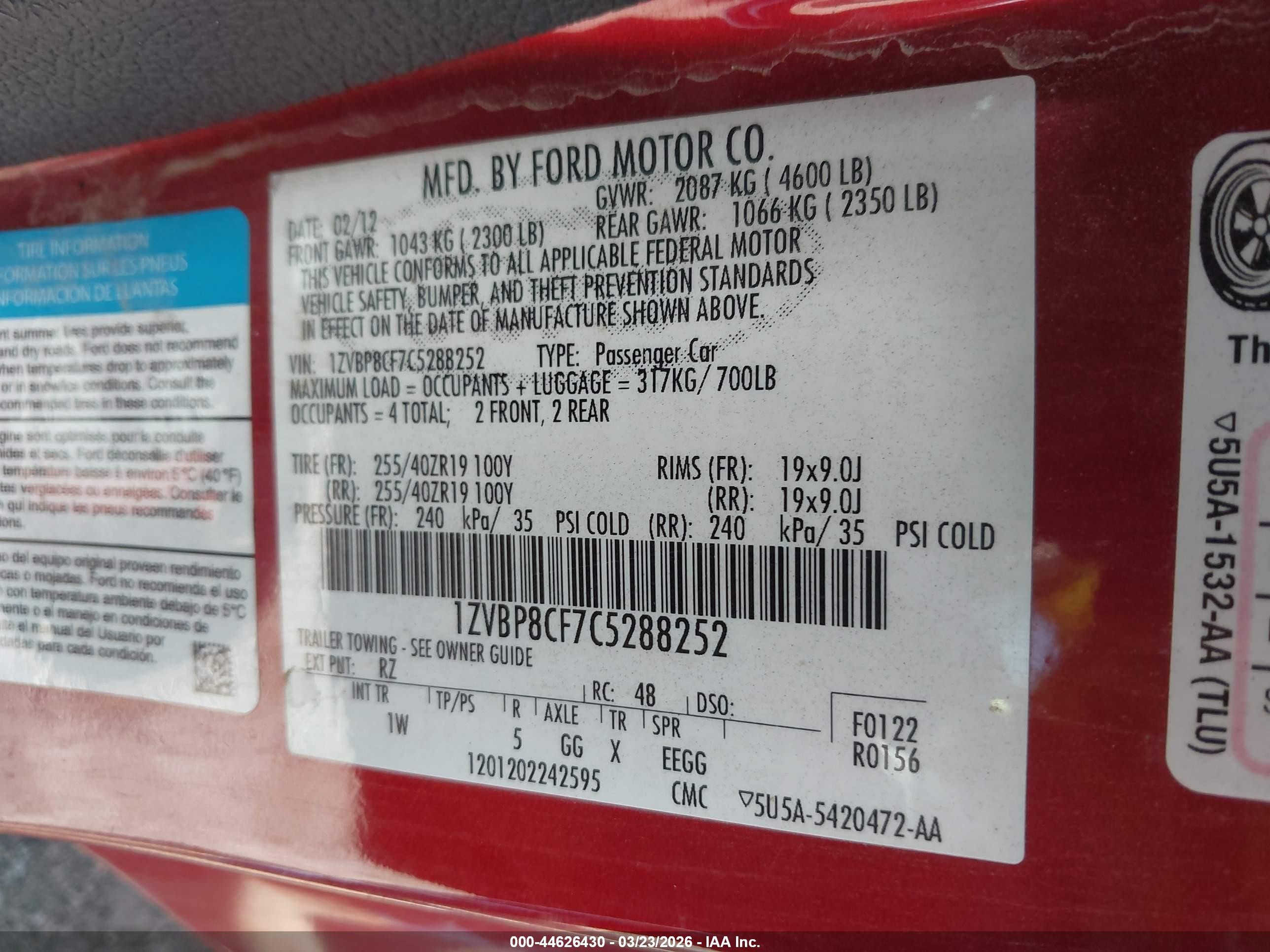 2012 Ford Mustang Gt Красный vin: 1ZVBP8CF7C5288252