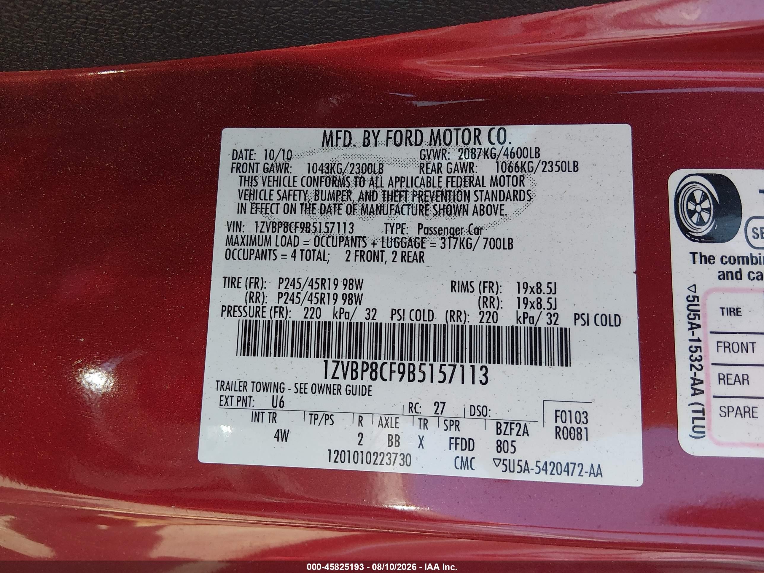 2011 Ford Mustang Gt Premium Red vin: 1ZVBP8CF9B5157113