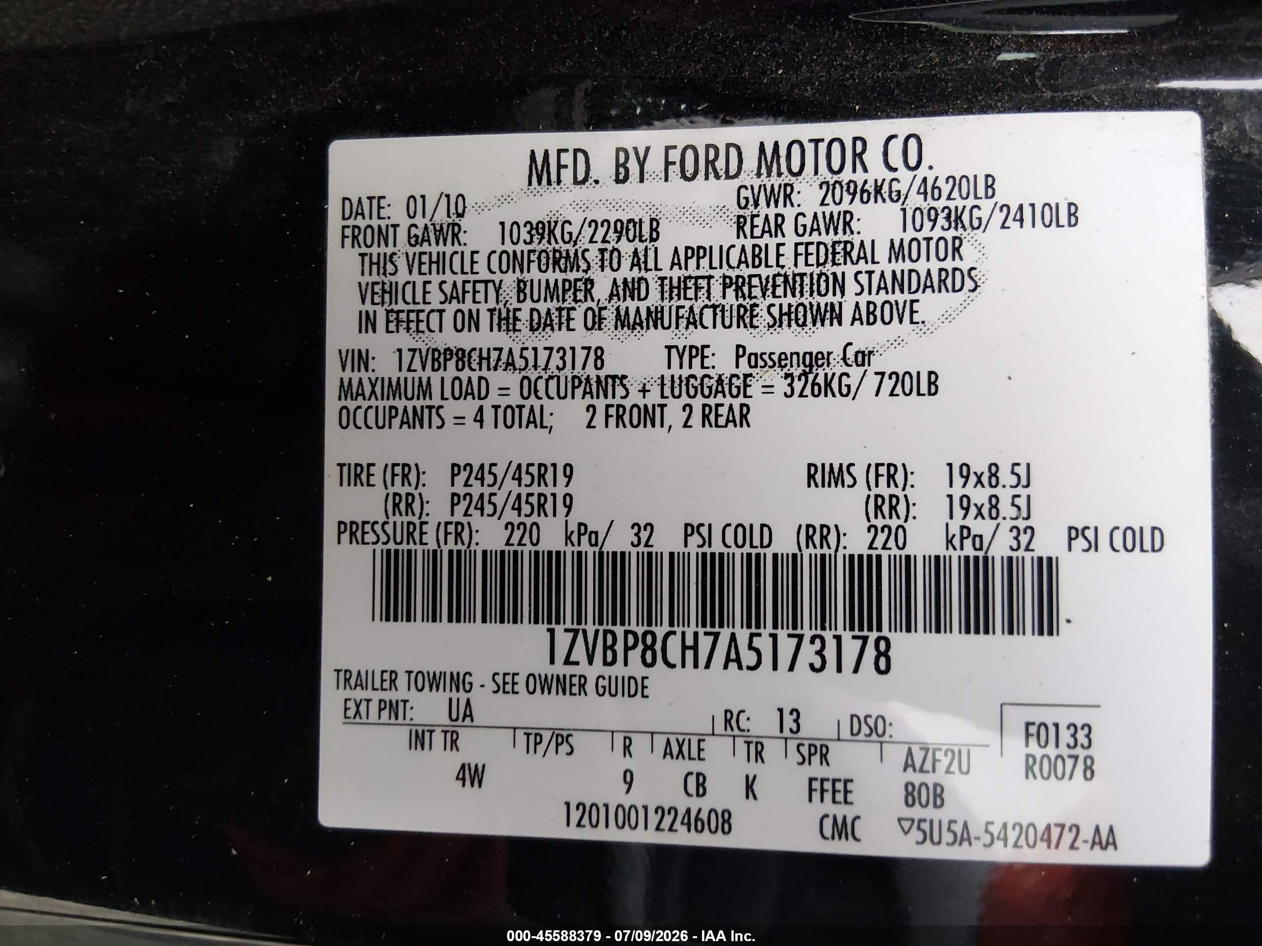 2010 Ford Mustang Gt/gt Premium Black vin: 1ZVBP8CH7A5173178
