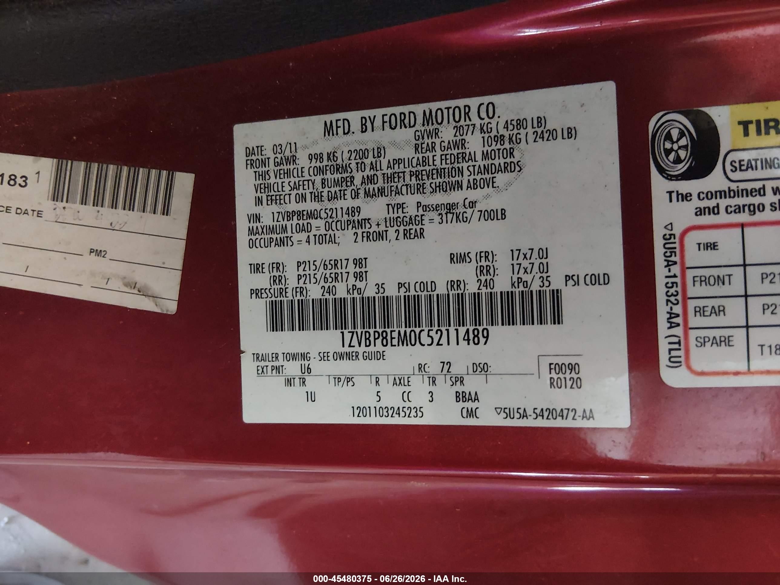 2012 Ford Mustang V6/v6 Premium Красный vin: 1ZVBP8EM0C5211489