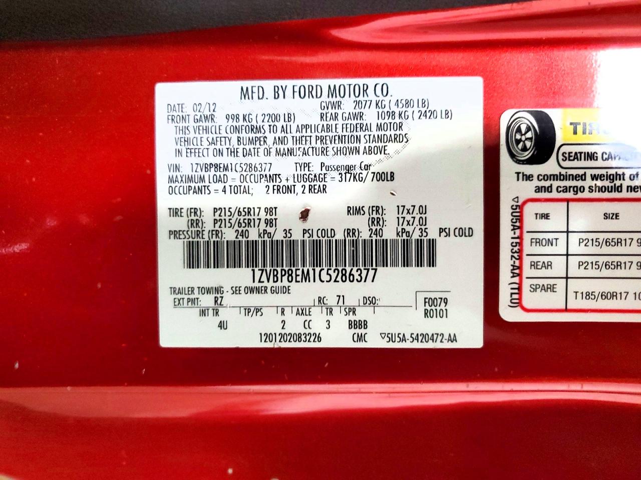 2012 Ford Mustang Red vin: 1ZVBP8EM1C5286377