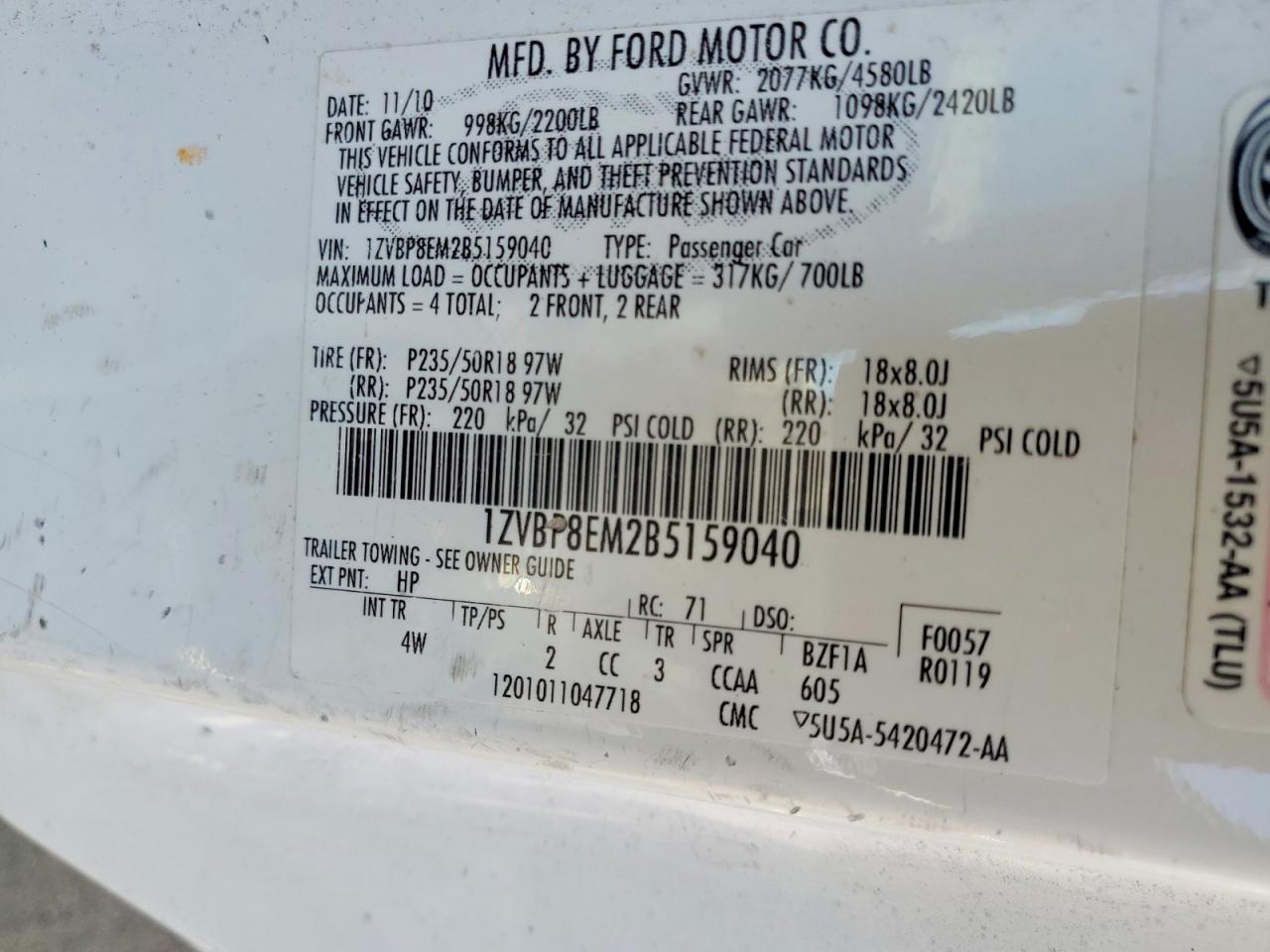 2011 Ford Mustang White vin: 1ZVBP8EM2B5159040