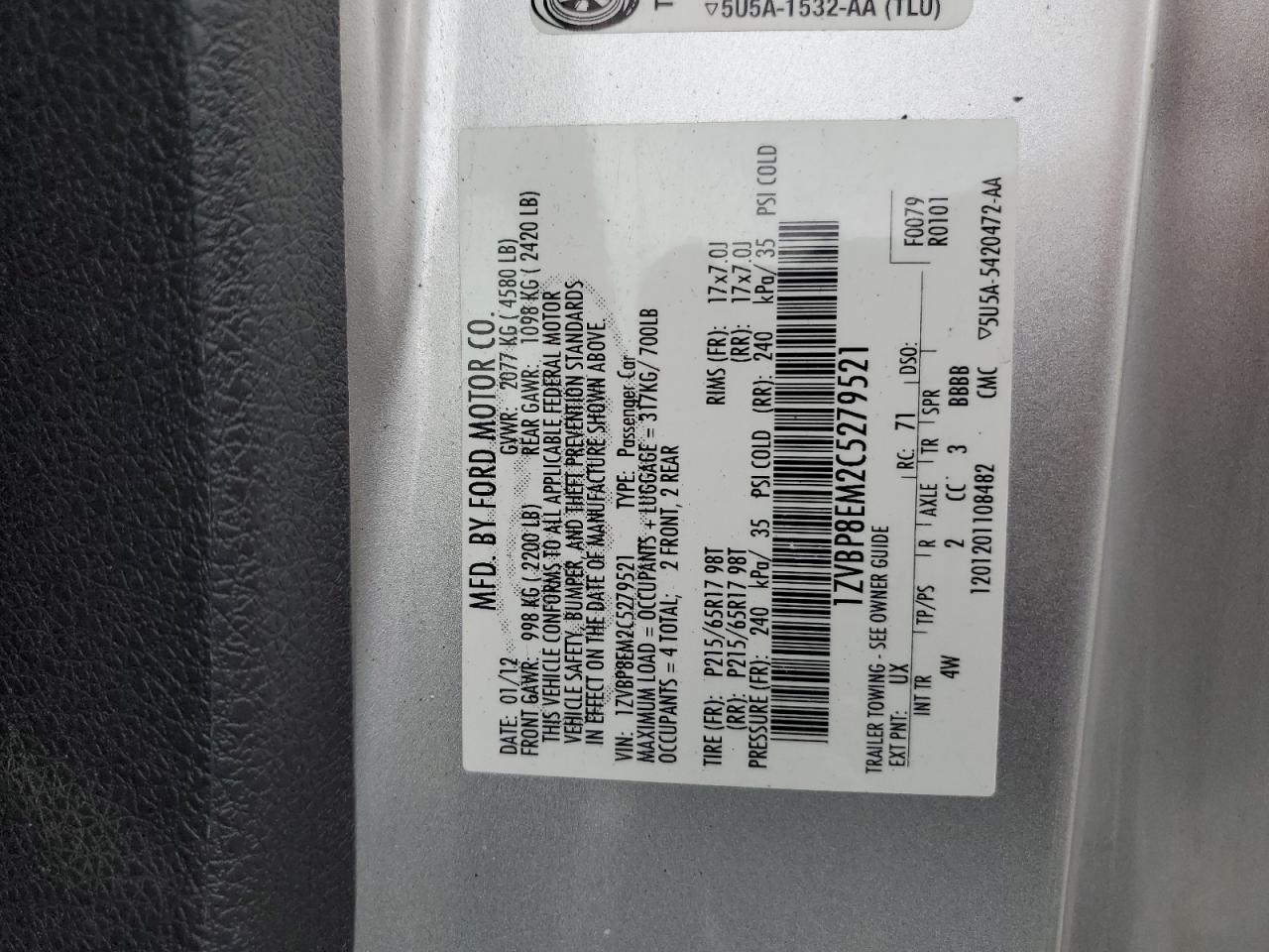 2012 Ford Mustang Silver vin: 1ZVBP8EM2C5279521
