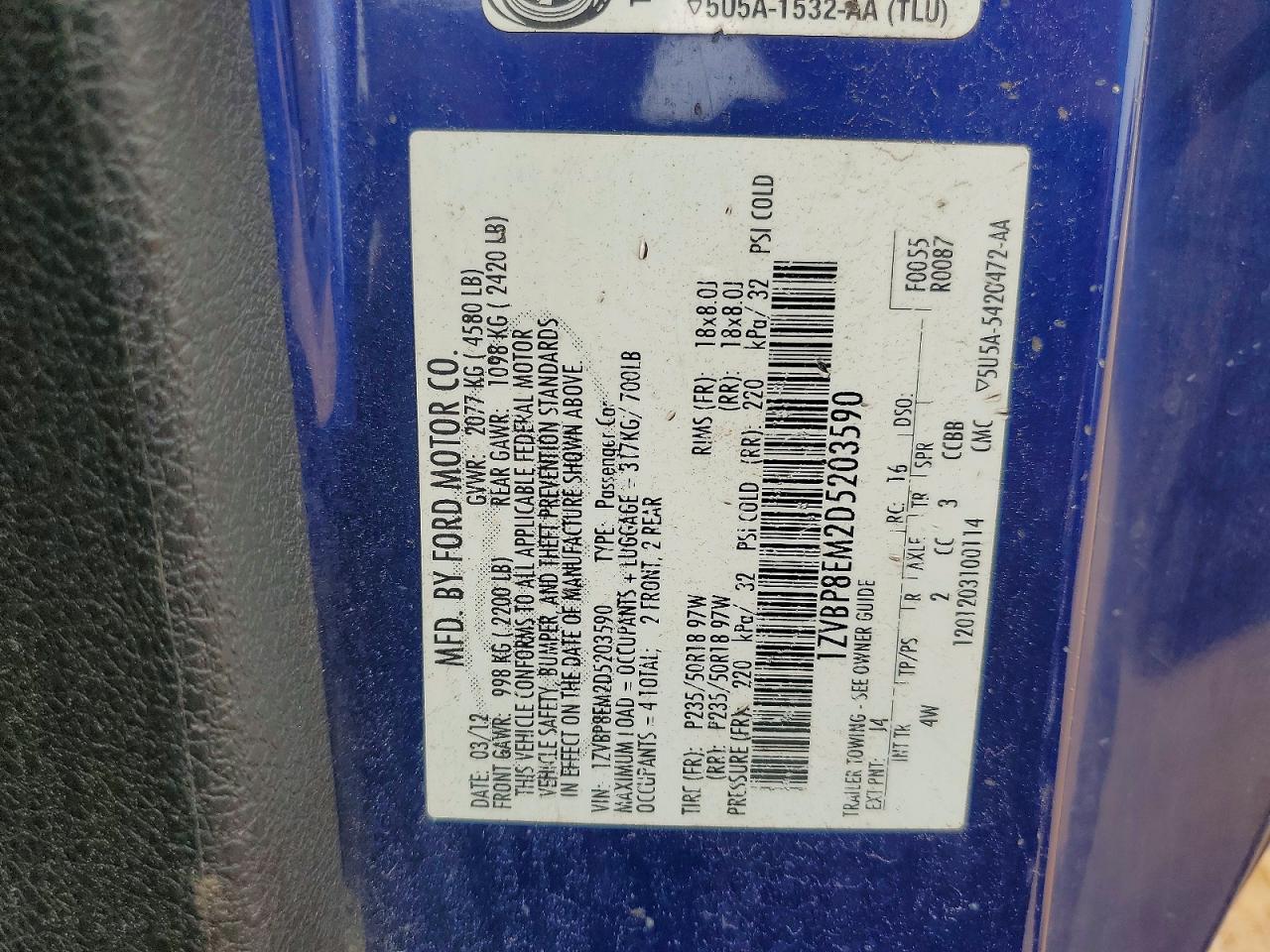 2013 Ford Mustang Blue vin: 1ZVBP8EM2D5203590