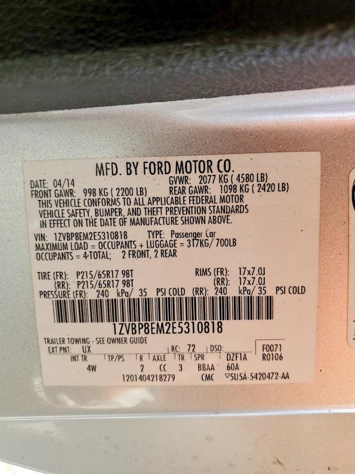 2014 Ford Mustang Silver vin: 1ZVBP8EM2E5310818