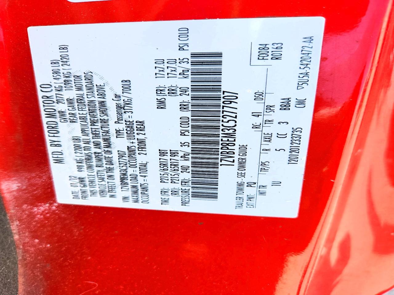 2012 Ford Mustang Red vin: 1ZVBP8EM3C5277907