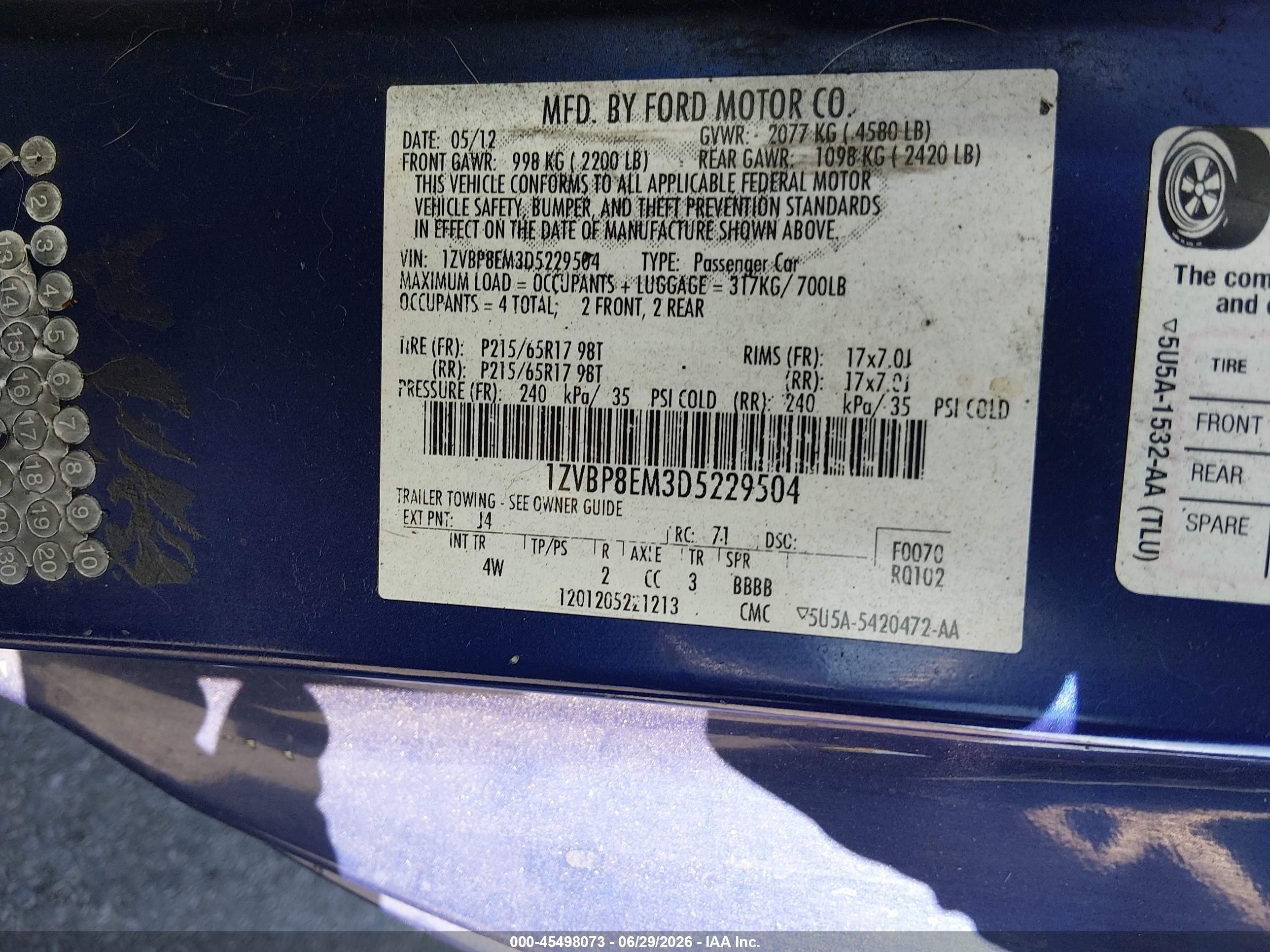 2013 Ford Mustang V6 Premium Blue vin: 1ZVBP8EM3D5229504