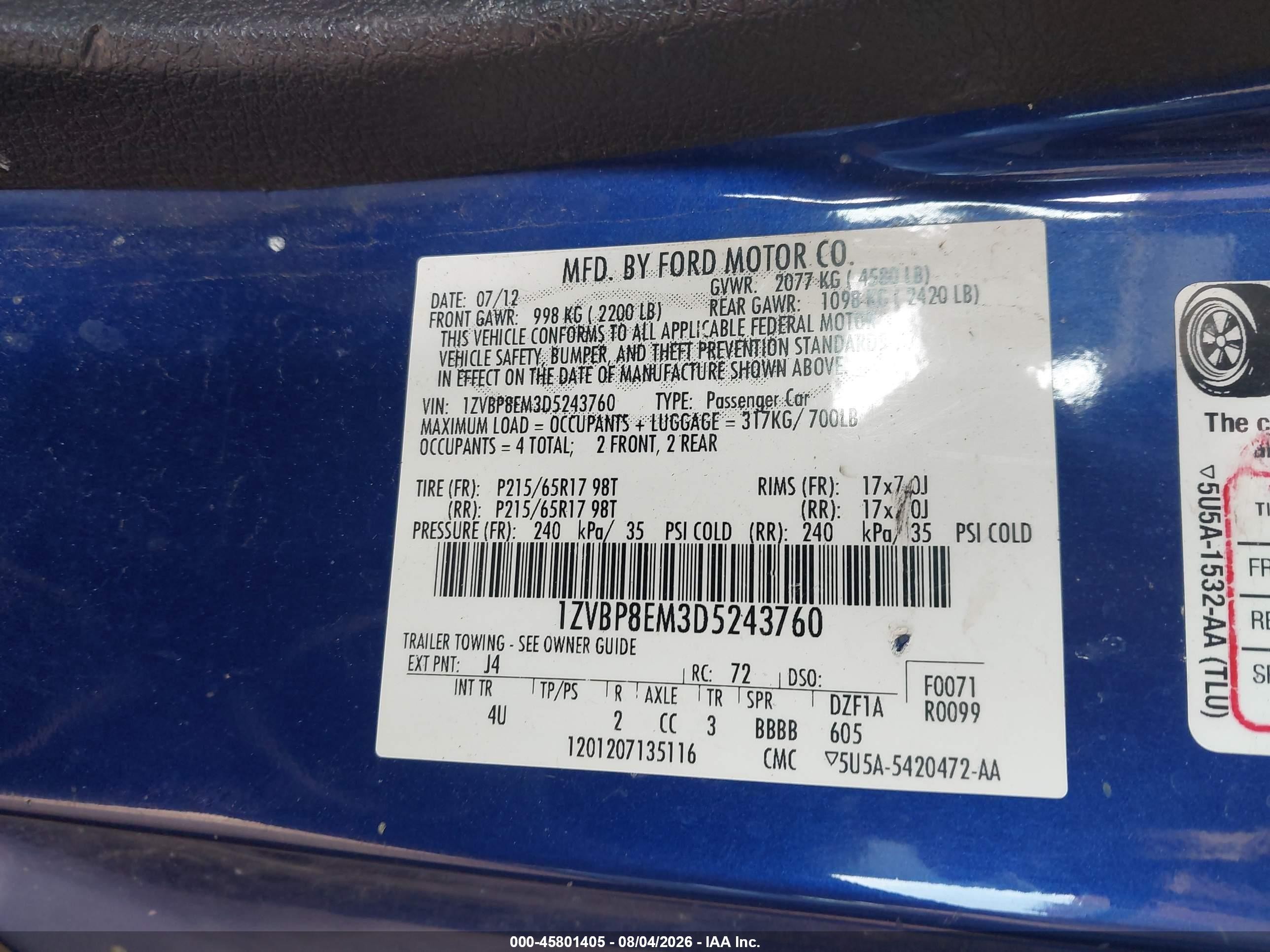 2013 Ford Mustang V6 Premium Blue vin: 1ZVBP8EM3D5243760
