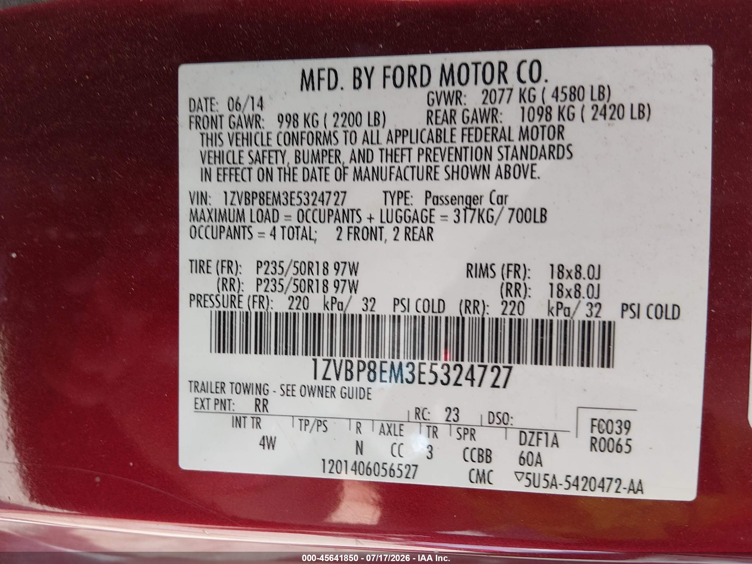 2014 Ford Mustang V6 Red vin: 1ZVBP8EM3E5324727