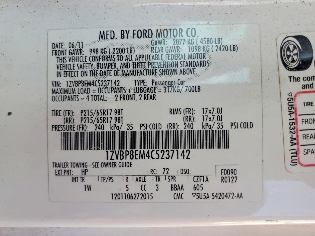 2012 Ford Mustang Белый vin: 1ZVBP8EM4C5237142