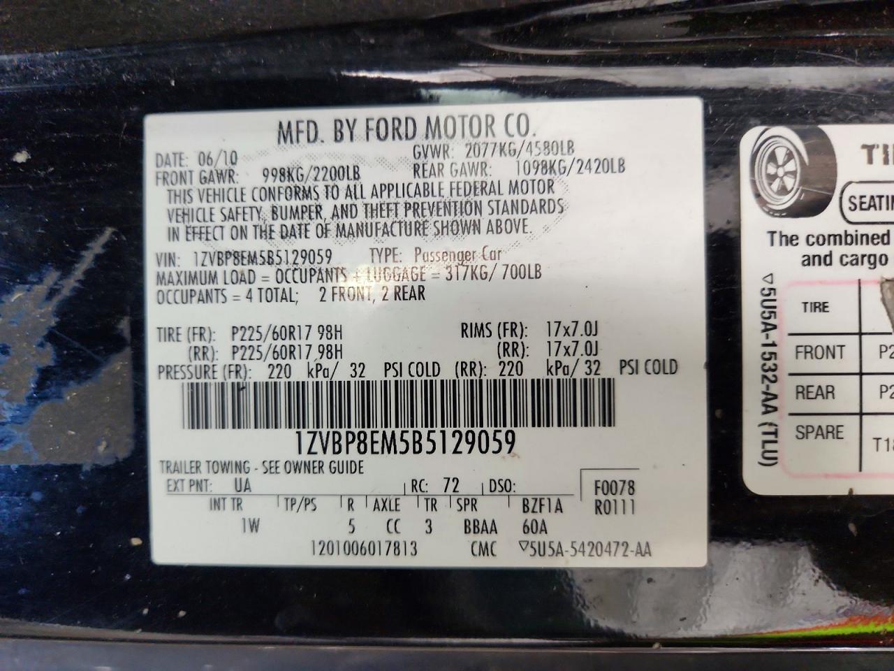 2011 Ford Mustang Black vin: 1ZVBP8EM5B5129059