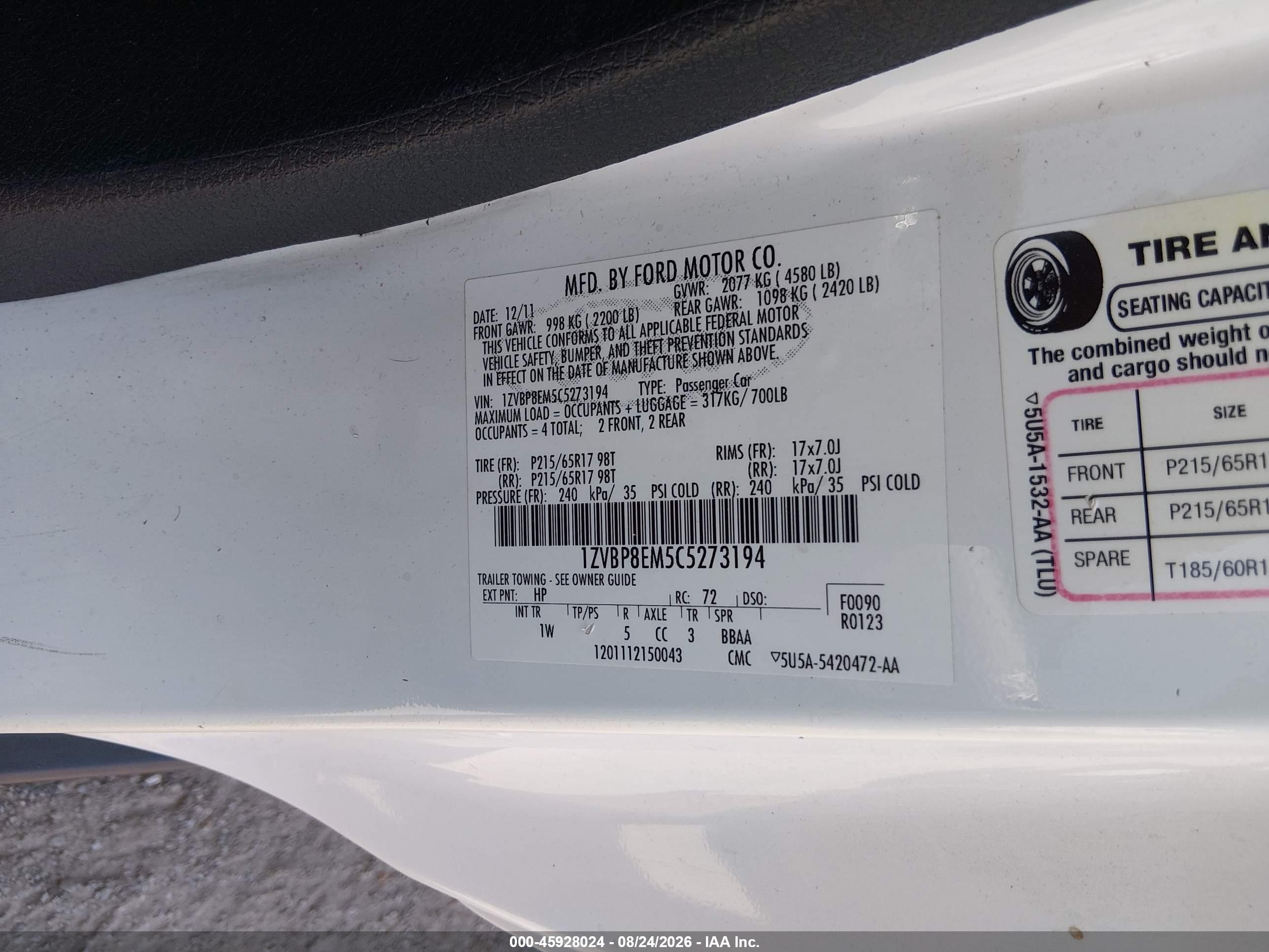 2012 Ford Mustang V6 Белый vin: 1ZVBP8EM5C5273194