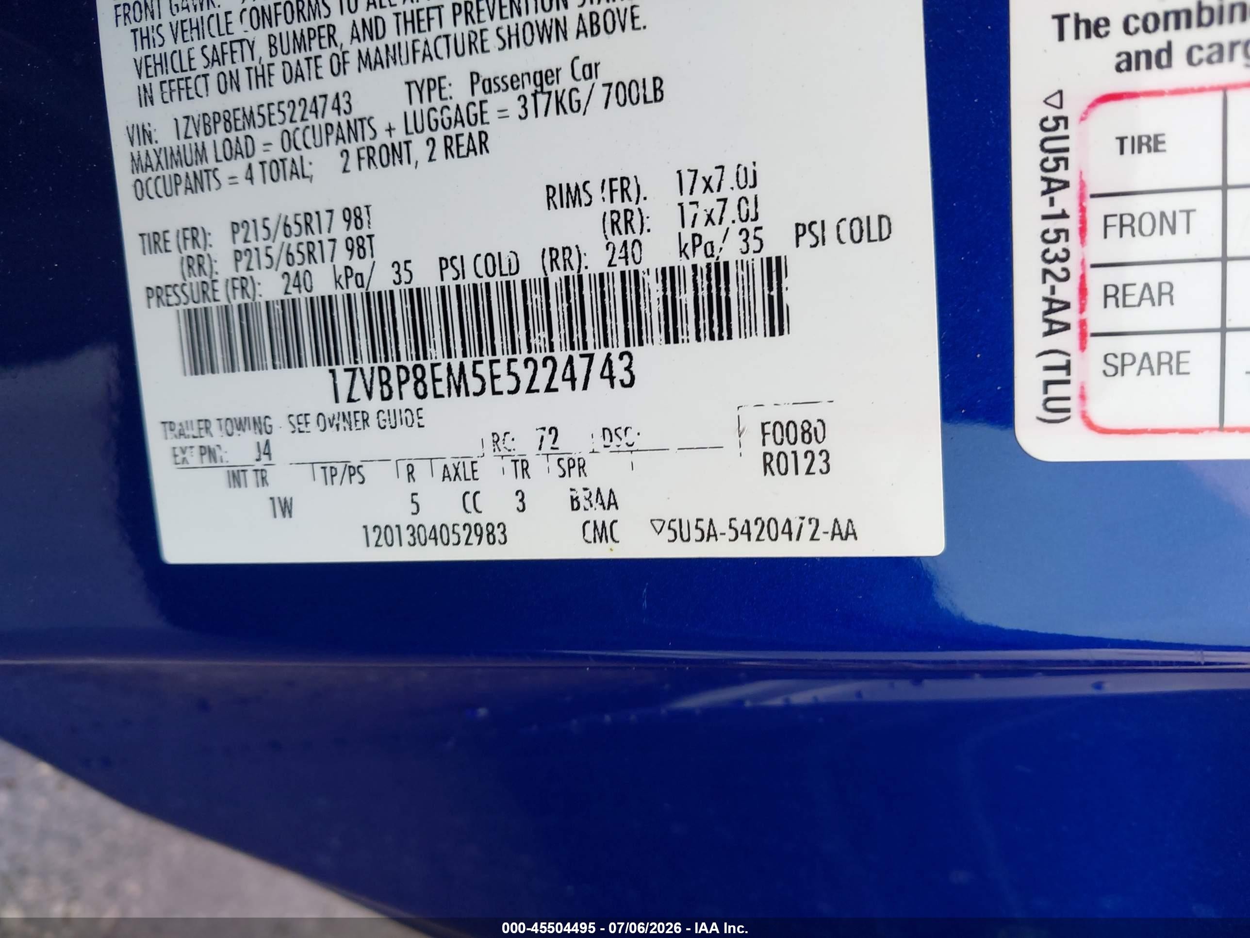 2014 Ford Mustang V6 Blue vin: 1ZVBP8EM5E5224743