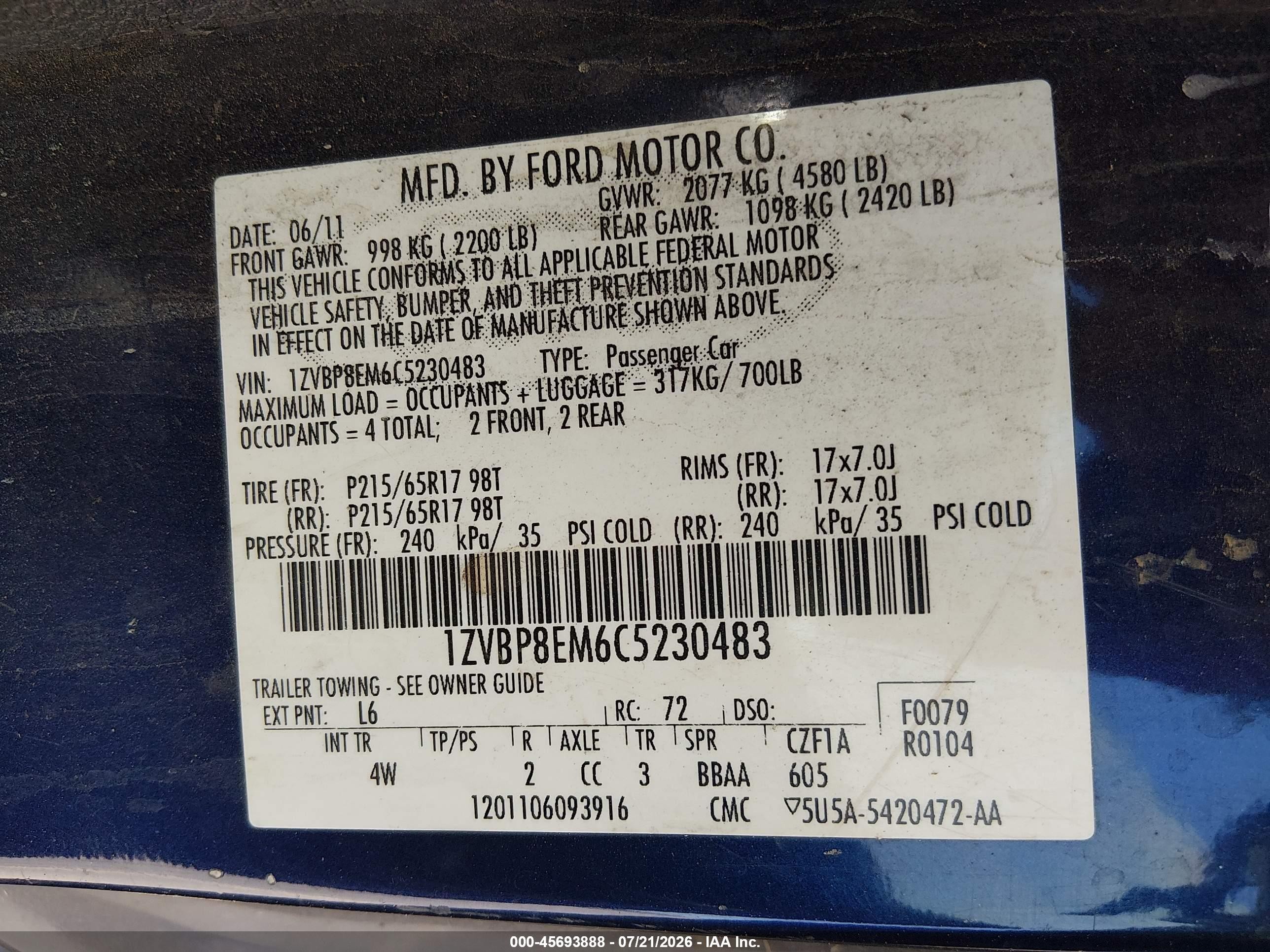 2012 Ford Mustang V6 Premium Blue vin: 1ZVBP8EM6C5230483