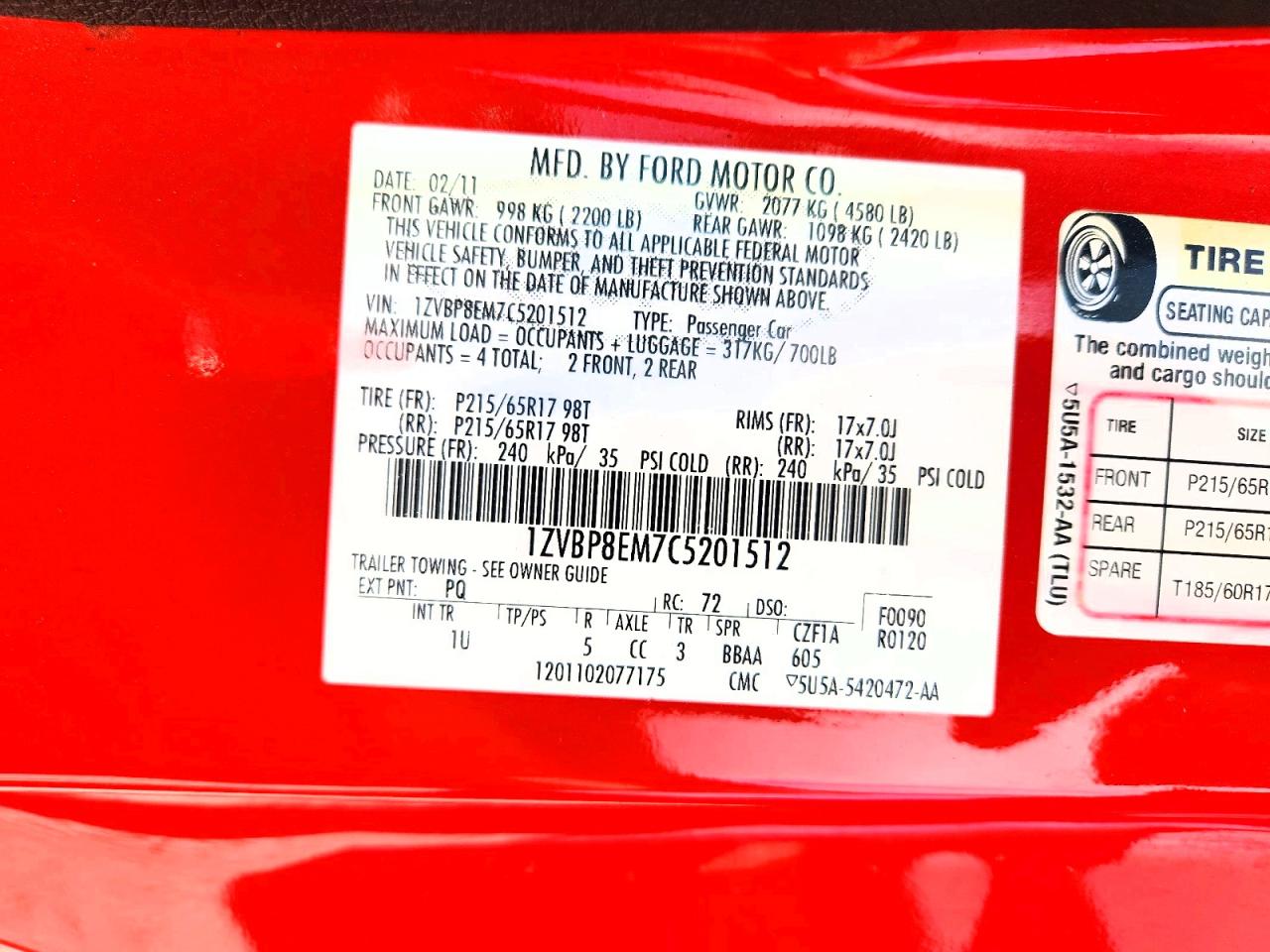 2012 Ford Mustang Red vin: 1ZVBP8EM7C5201512