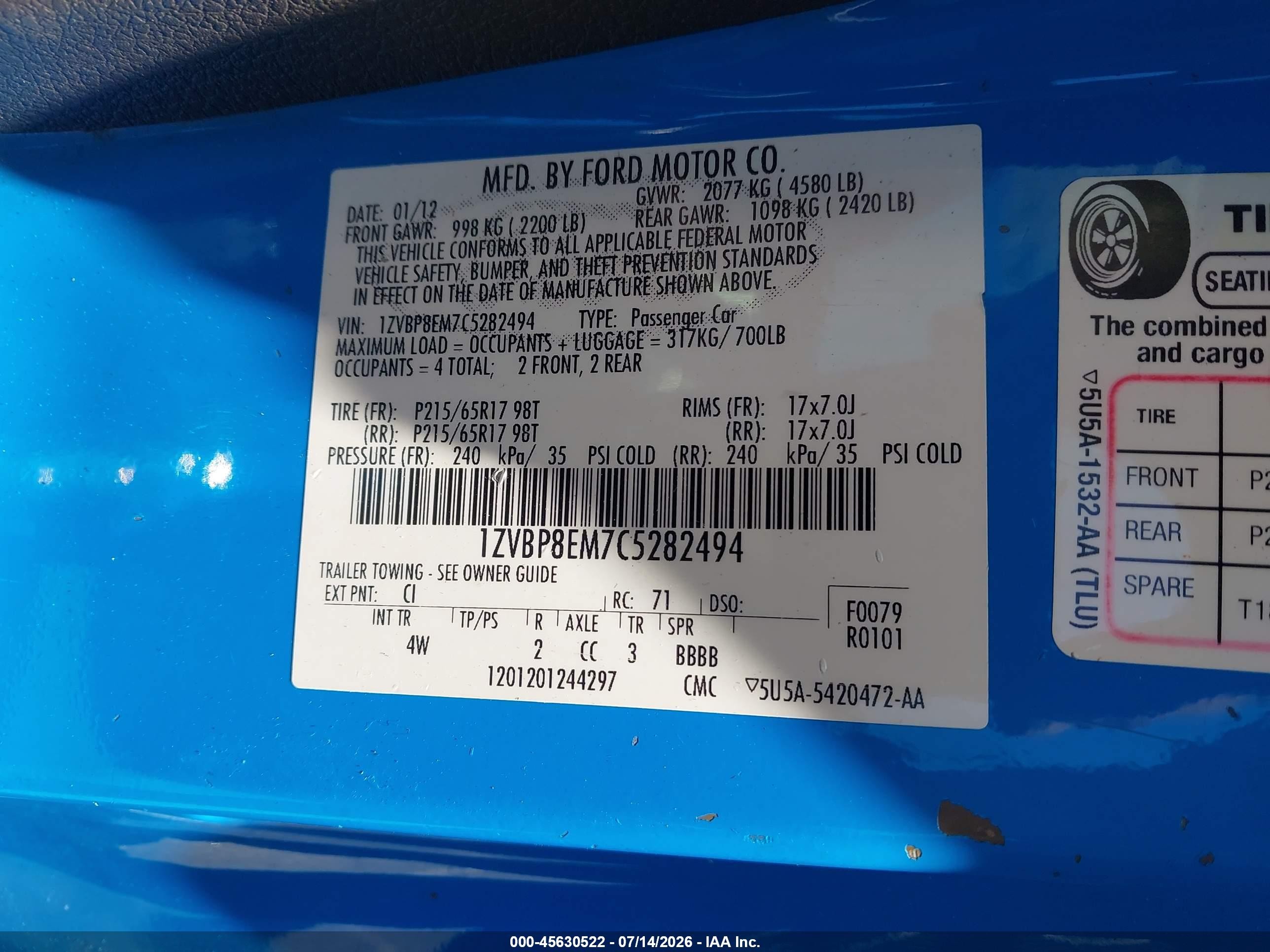 2012 Ford Mustang V6 Premium Blue vin: 1ZVBP8EM7C5282494