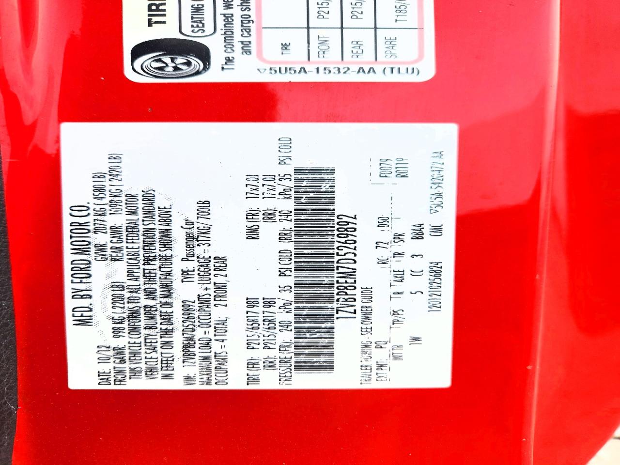 2013 Ford Mustang Red vin: 1ZVBP8EM7D5269892
